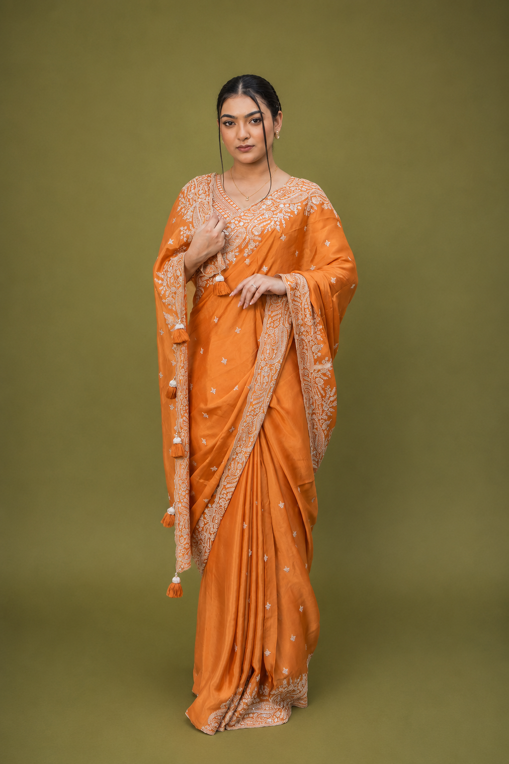 Two Blouse Concept – Rust Orange Crepe Silk Saree with Sequin and Zari Work