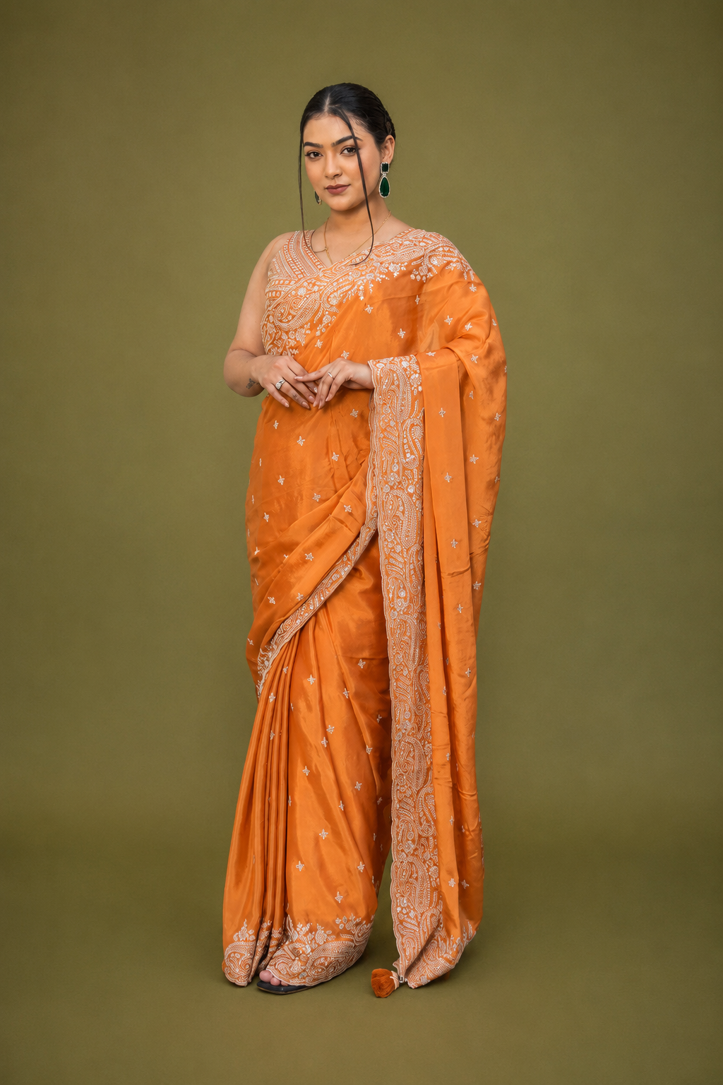 Two Blouse Concept – Rust Orange Crepe Silk Saree with Sequin and Zari Work