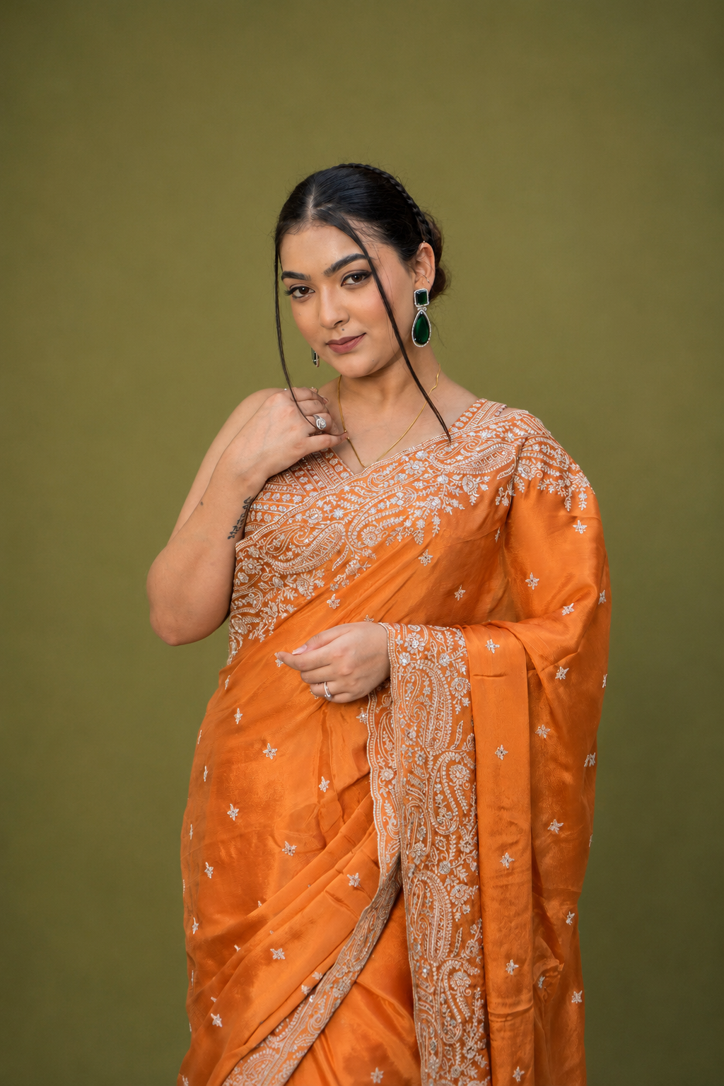 Two Blouse Concept – Rust Orange Crepe Silk Saree with Sequin and Zari Work