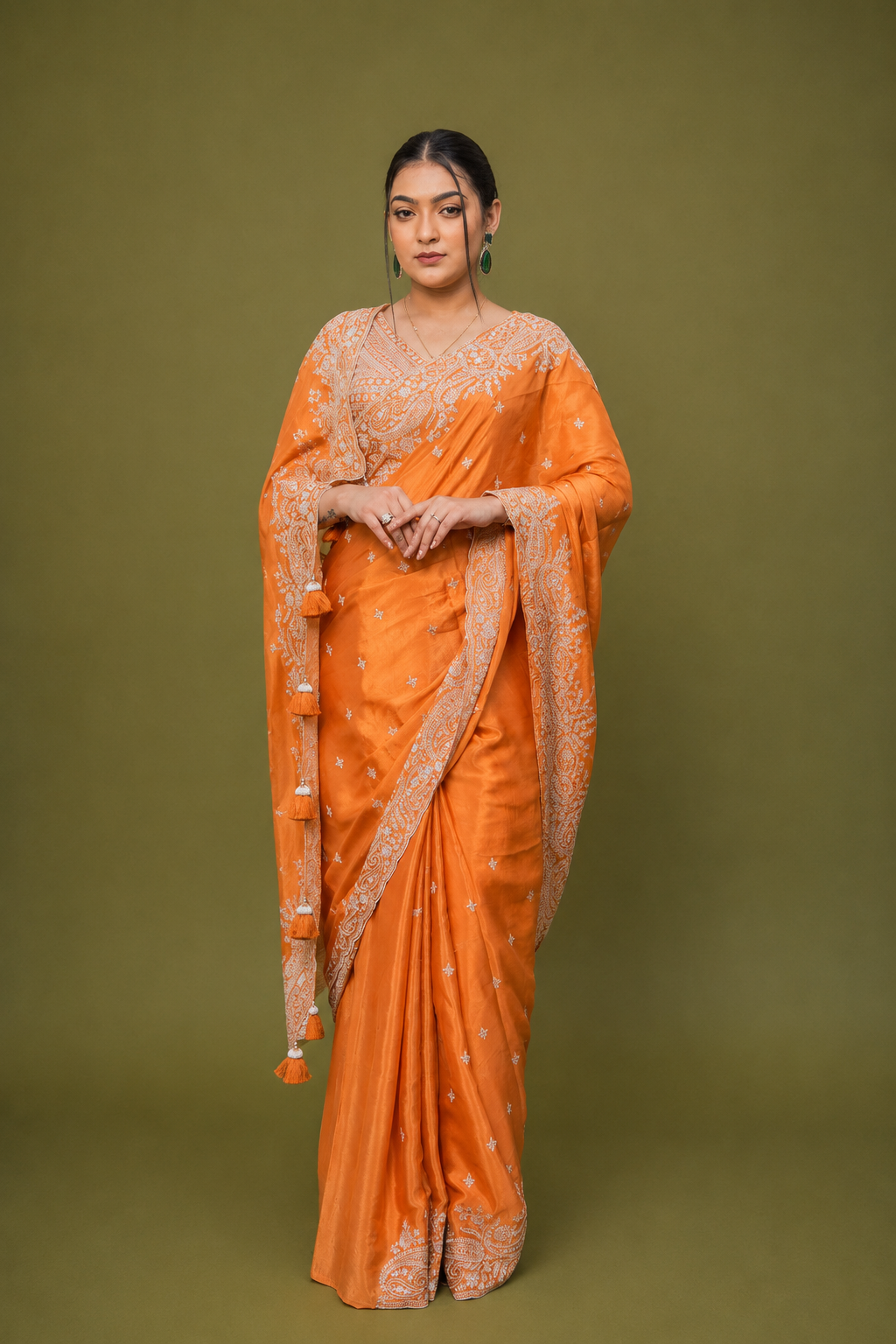 Two Blouse Concept – Rust Orange Crepe Silk Saree with Sequin and Zari Work