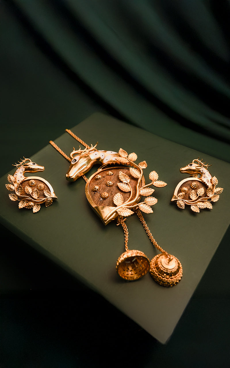 Gold-Polished Deer Pendant Necklace with Coconut Shell Base & Matching Deer Earrings
