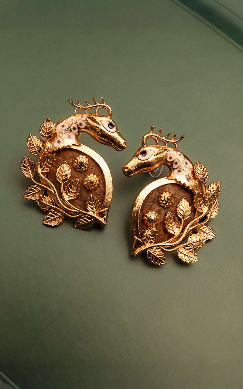 Gold-Polished Deer Pendant Necklace with Coconut Shell Base & Matching Deer Earrings