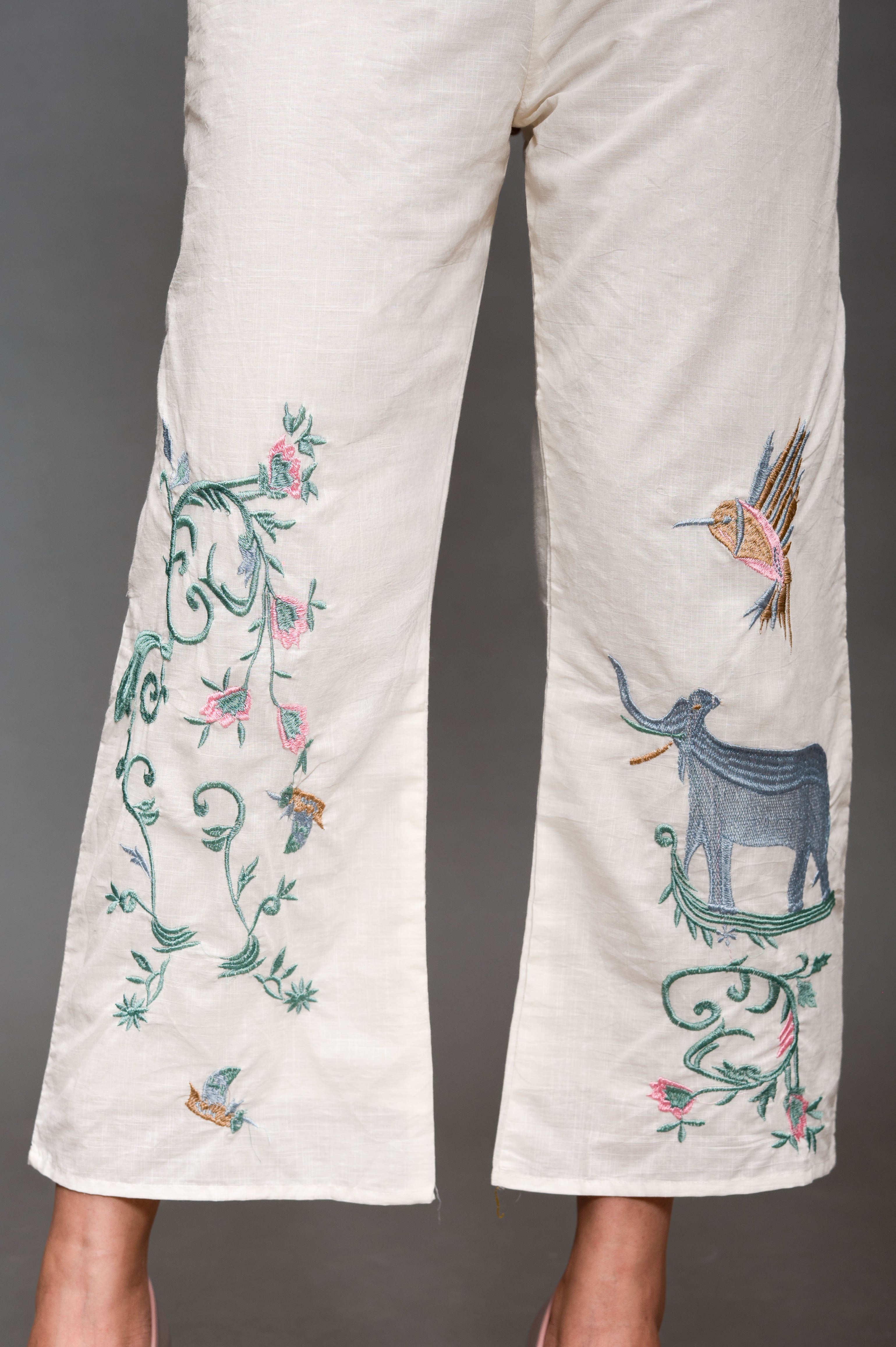 Cream White Cotton  Cord Set with Embroidery and Animal Motifs
