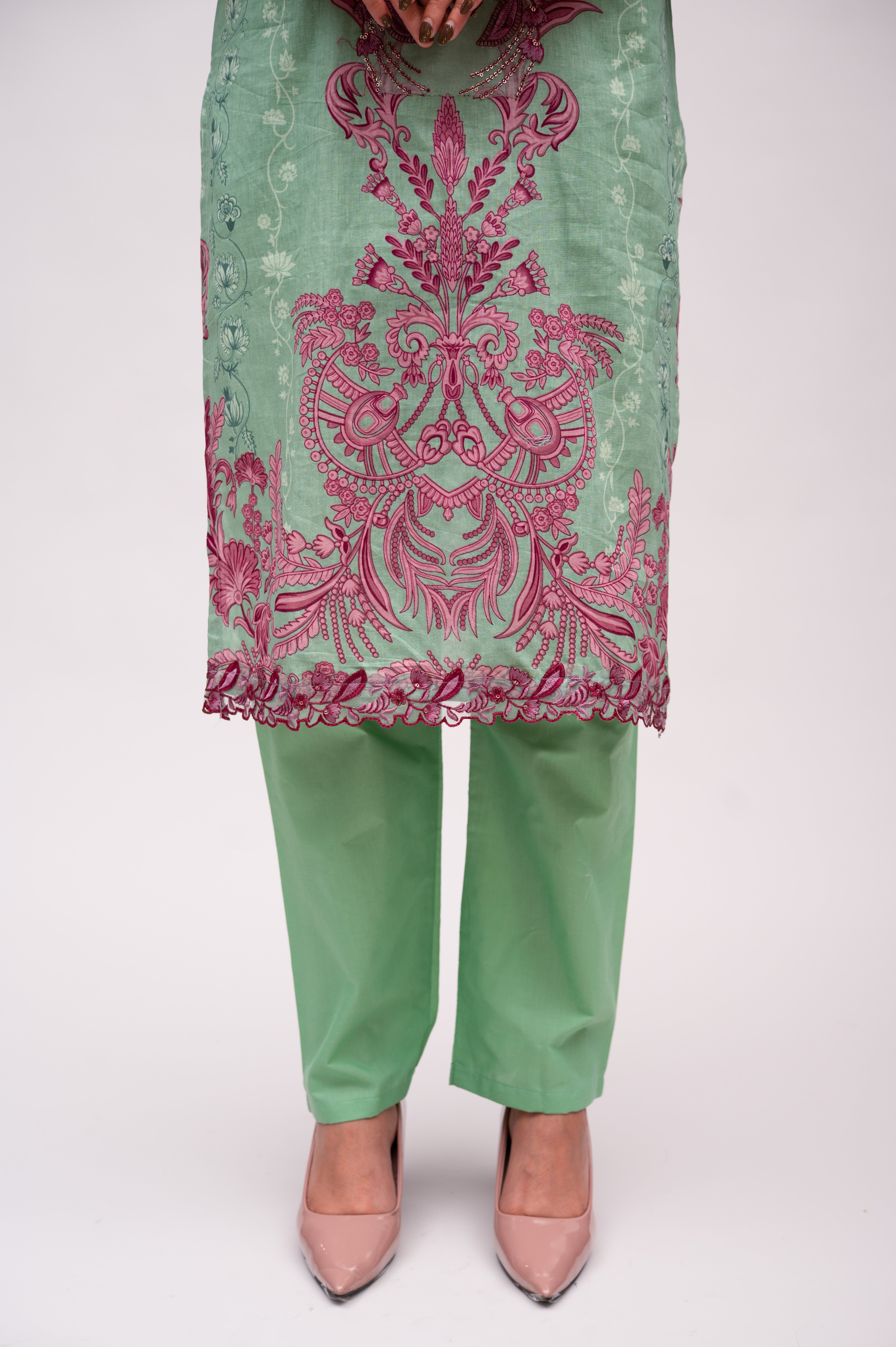 Pastel Green Lawn Cotton Suit with Plain Bottom and Printed Dupatta