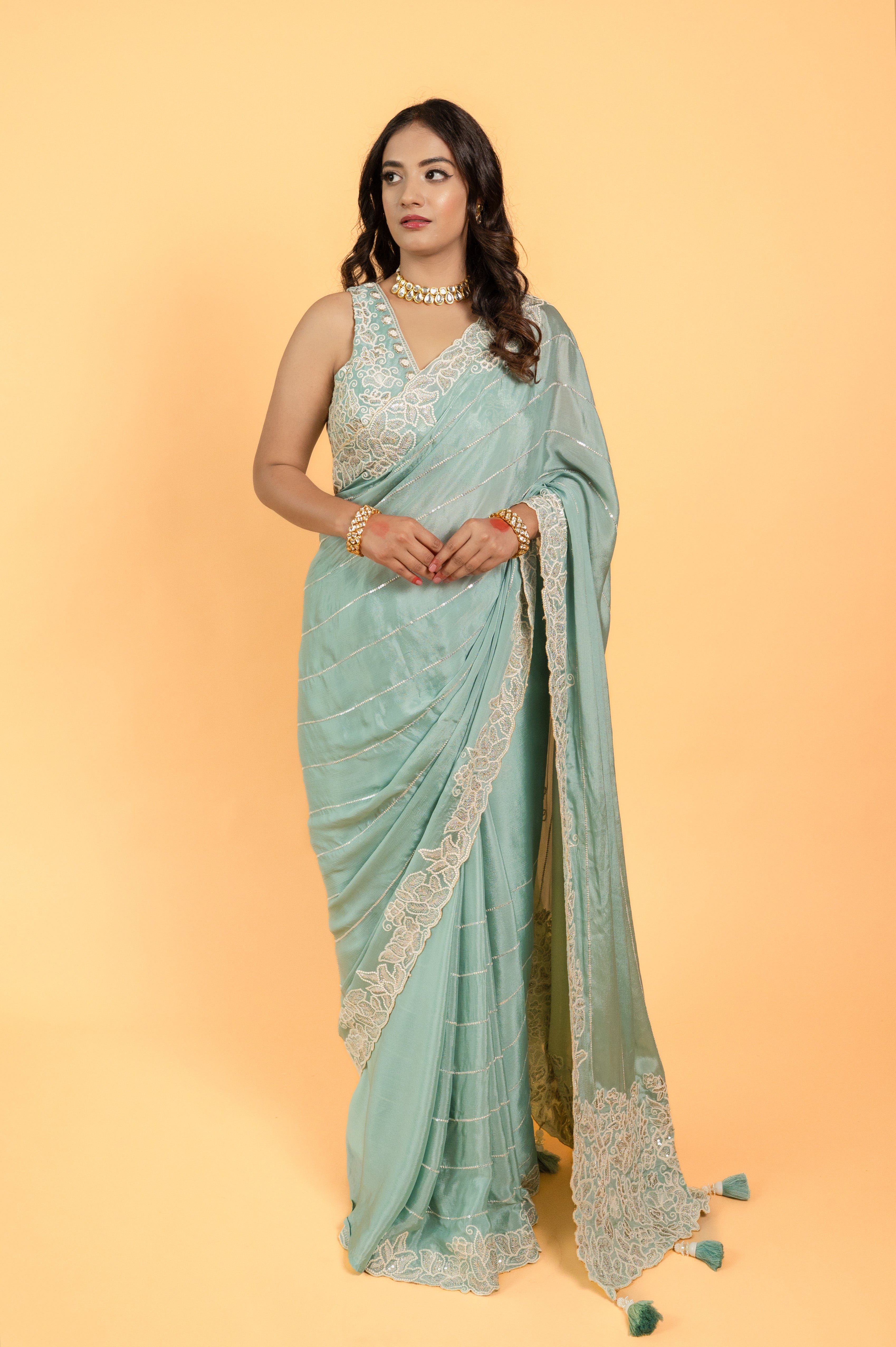 Two Blouse Concept – Sea Blue Designer Georgette Saree with White and Silver Embroidery