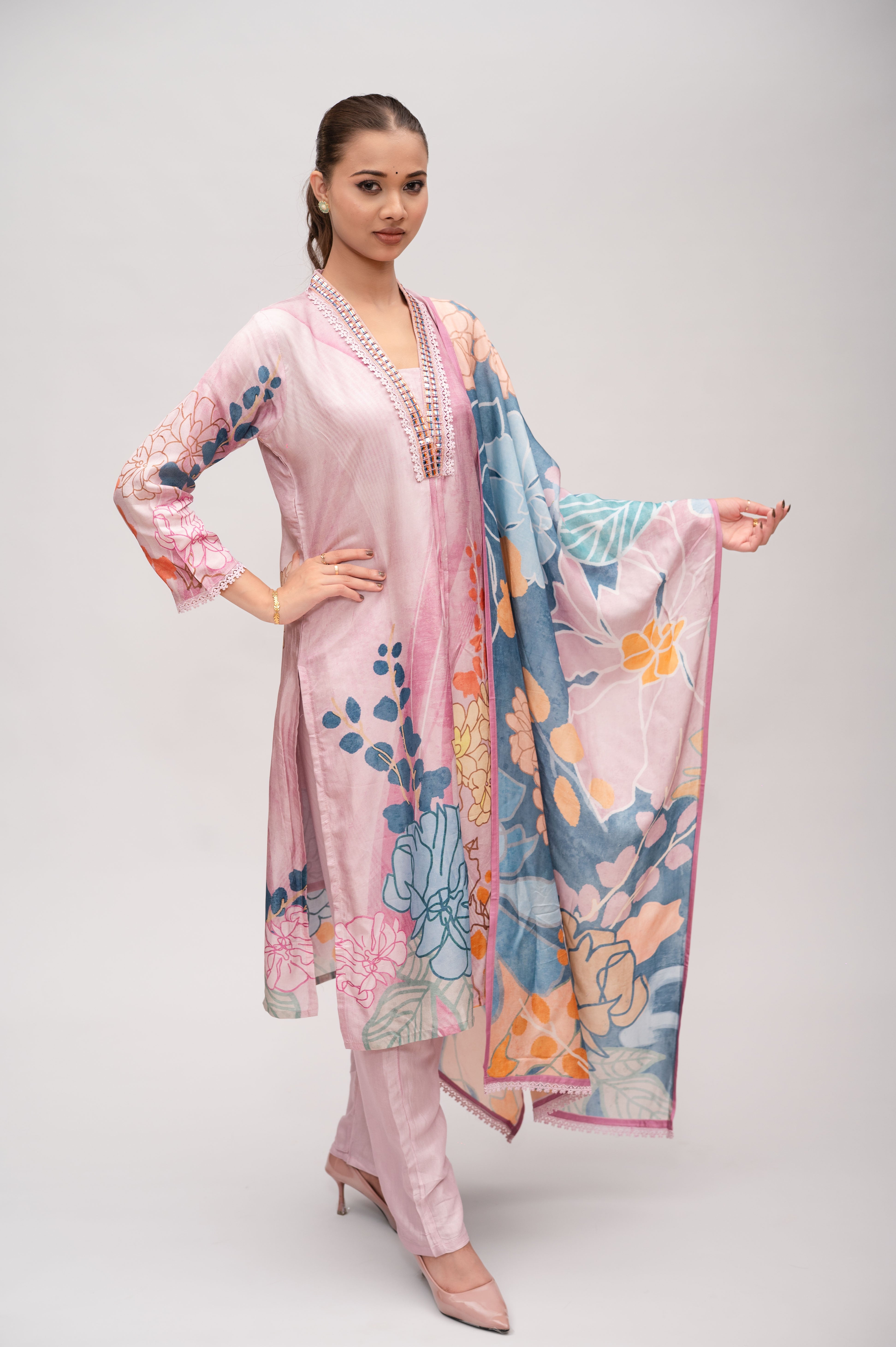 Pastel Green Silk Suit with Pant and Dupatta – Lace and Mirror Embroidery