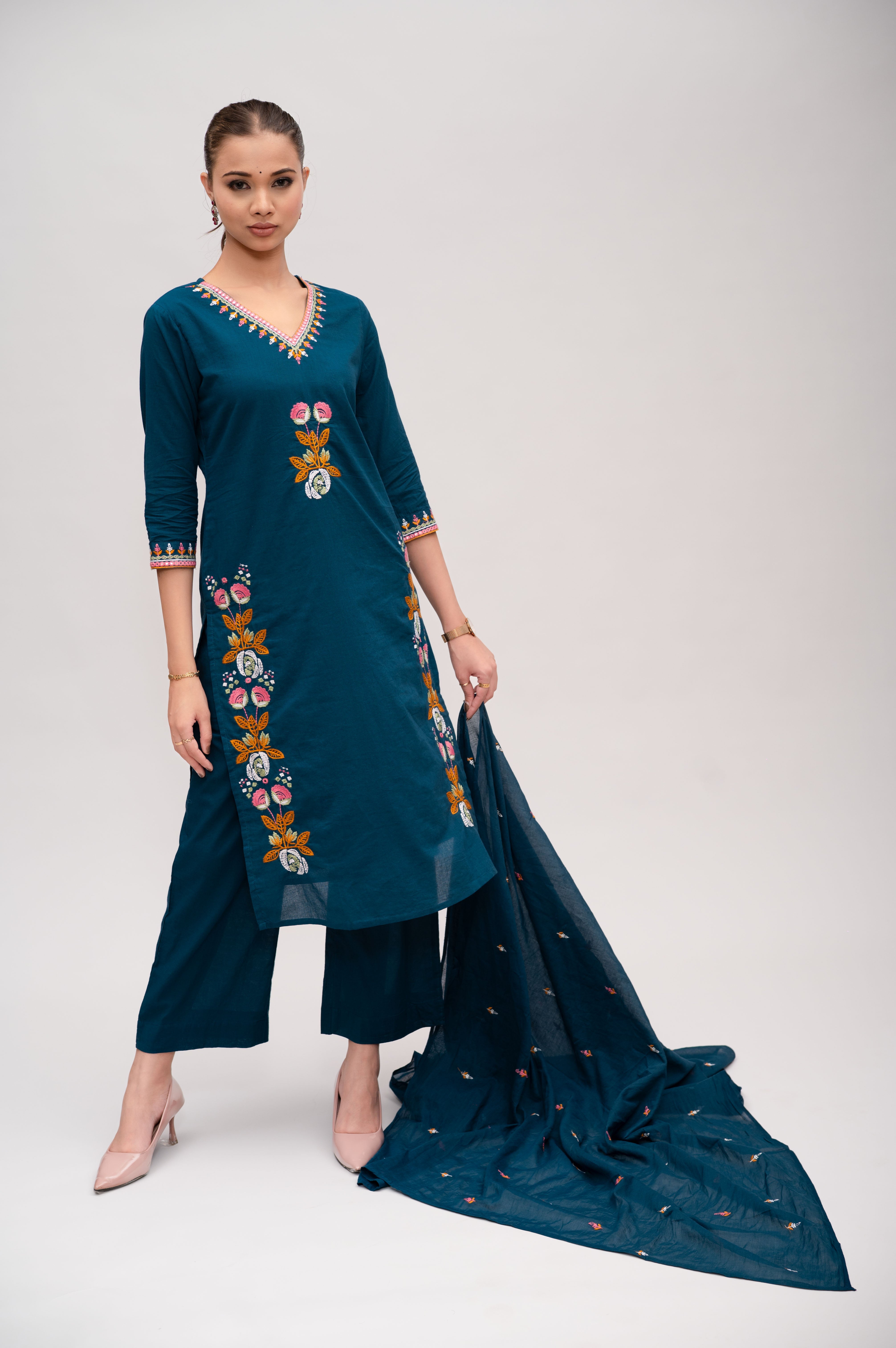Fuchsia Pink Mal Cotton Straight Suit with Pant & Dupatta With Thread Embroidery and Mirror Work