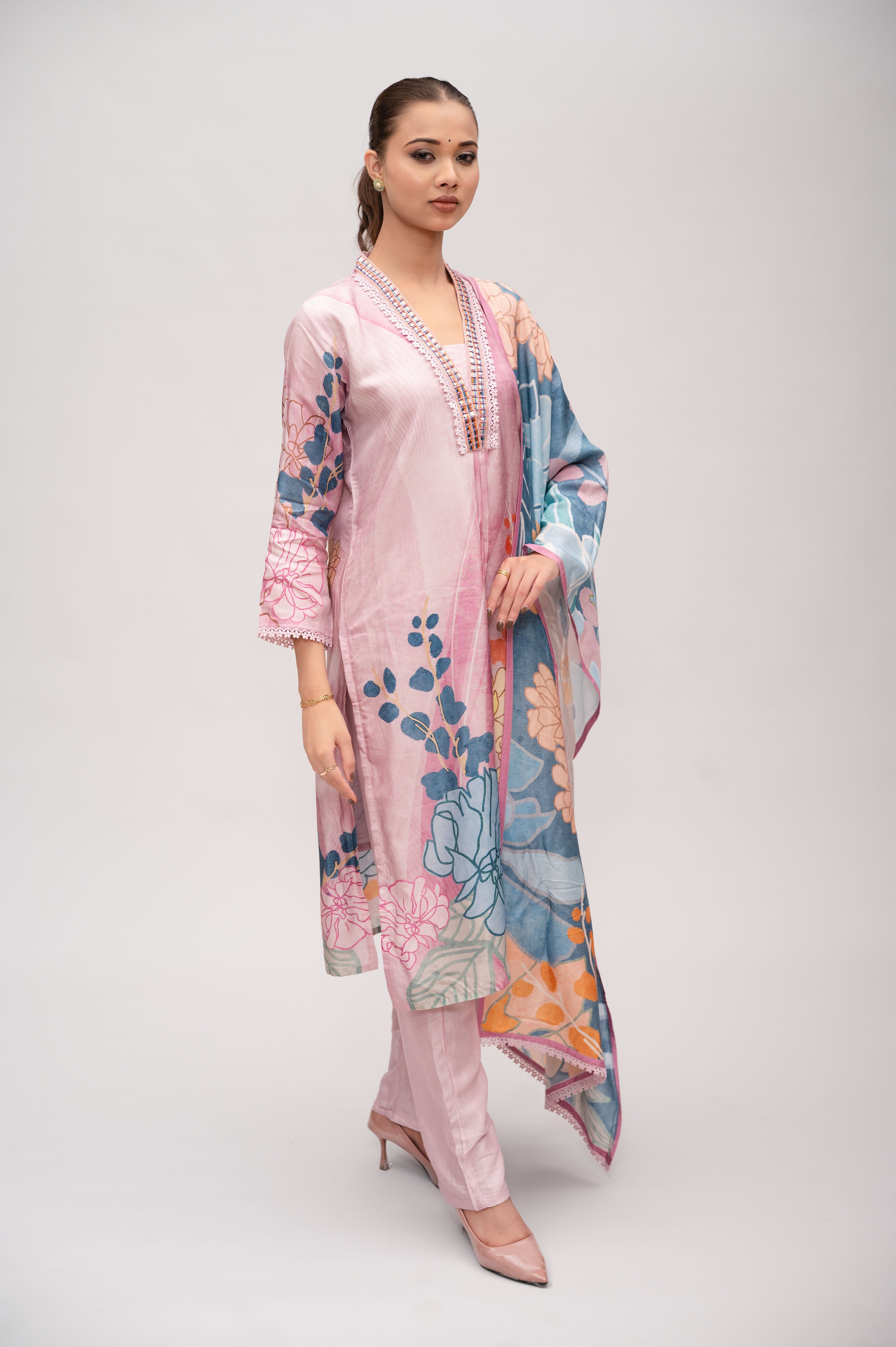 Pastel Green Silk Suit with Pant and Dupatta – Lace and Mirror Embroidery