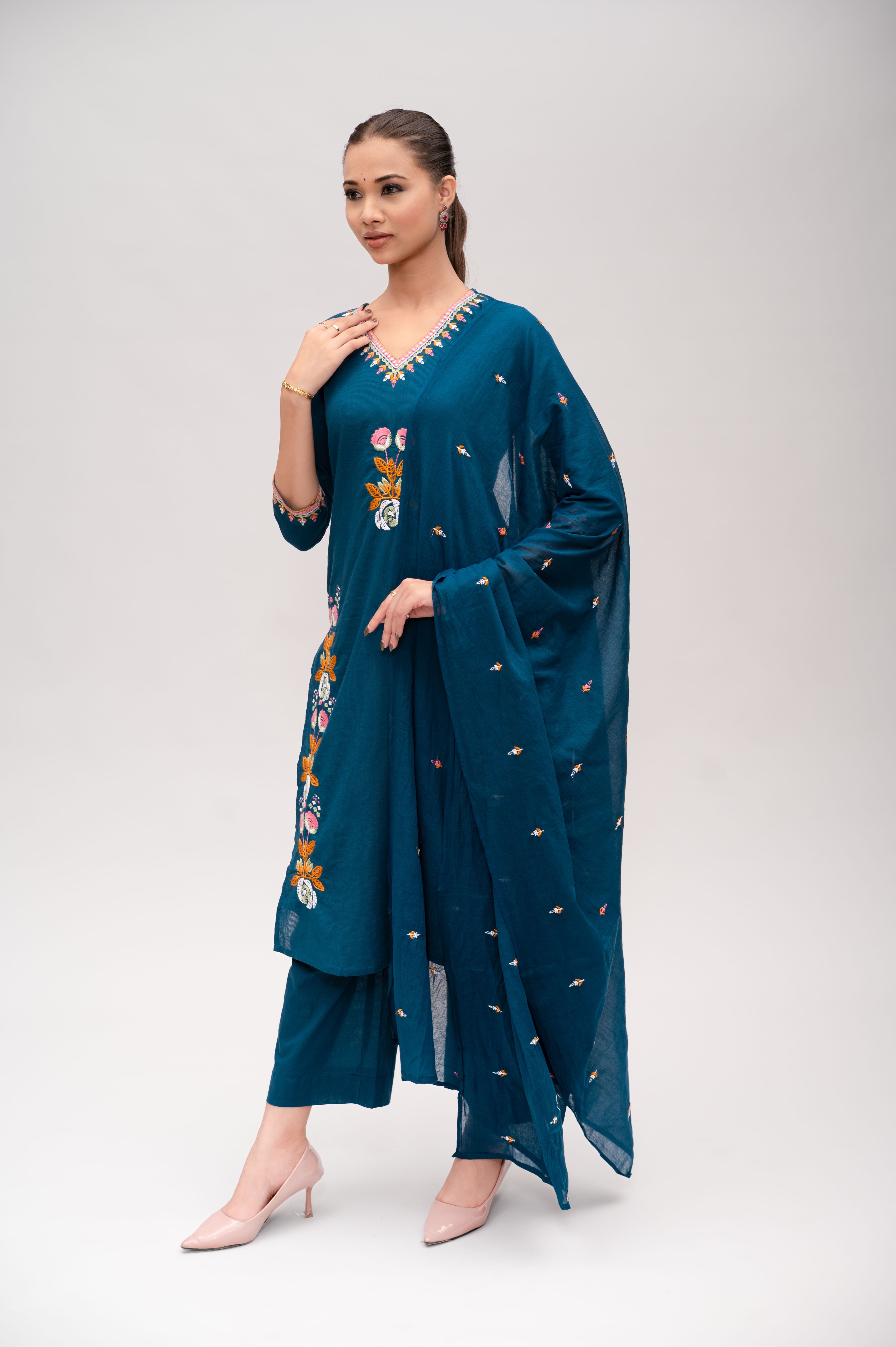 Fuchsia Pink Mal Cotton Straight Suit with Pant & Dupatta With Thread Embroidery and Mirror Work