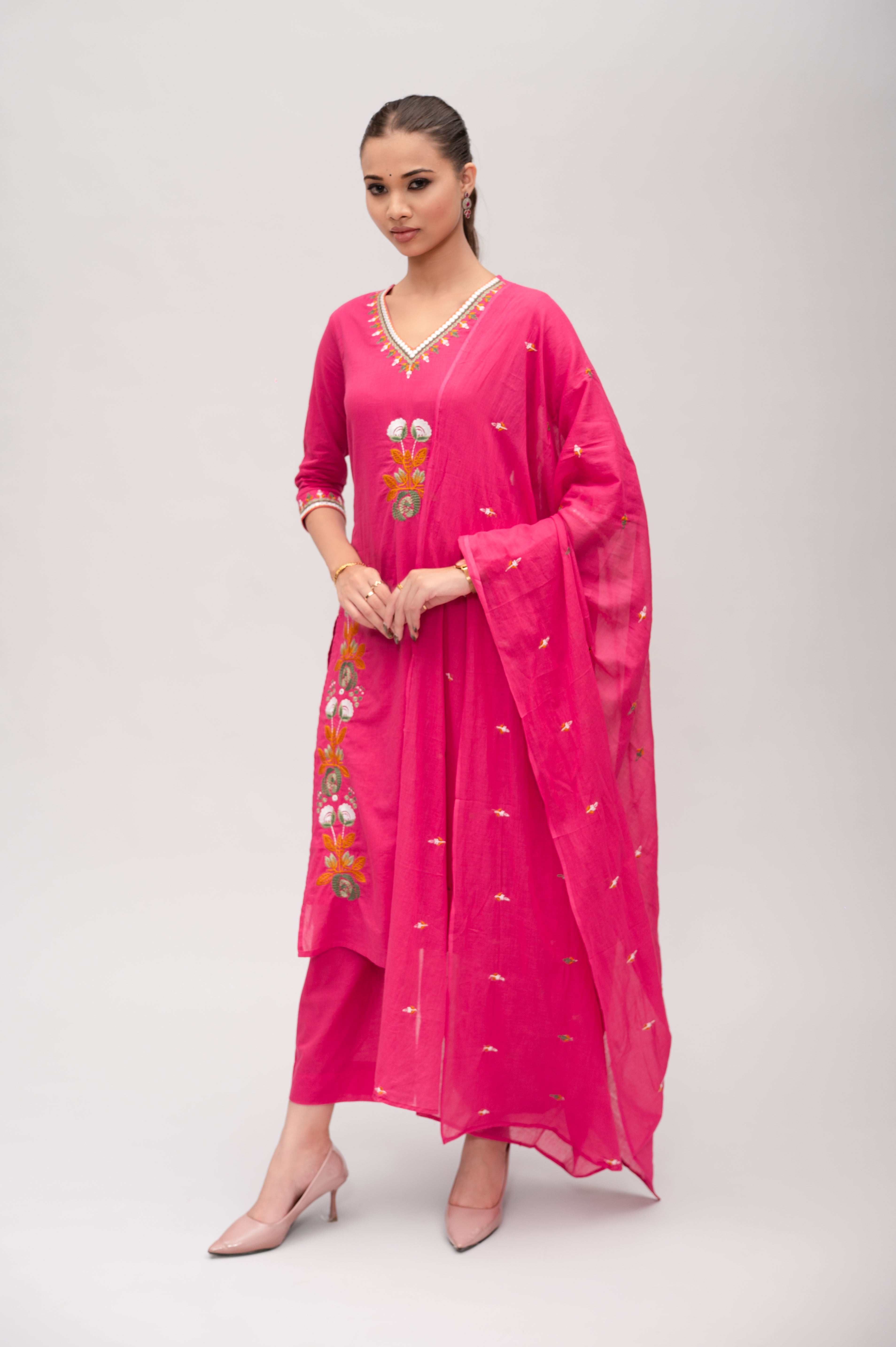 Fuchsia Pink Mal Cotton Straight Suit with Pant & Dupatta With Thread Embroidery and Mirror Work