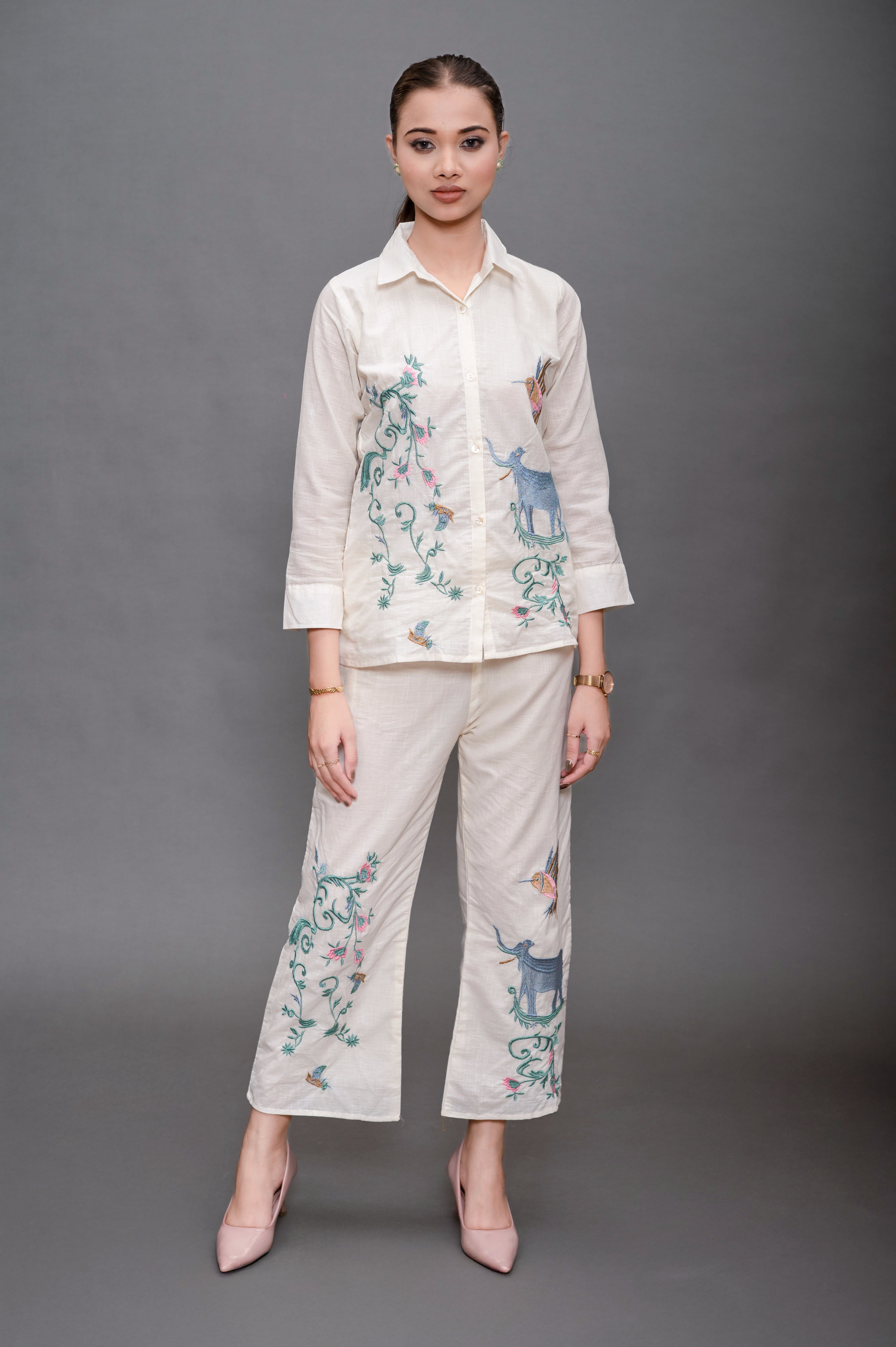 Cream White Cotton  Cord Set with Embroidery and Animal Motifs