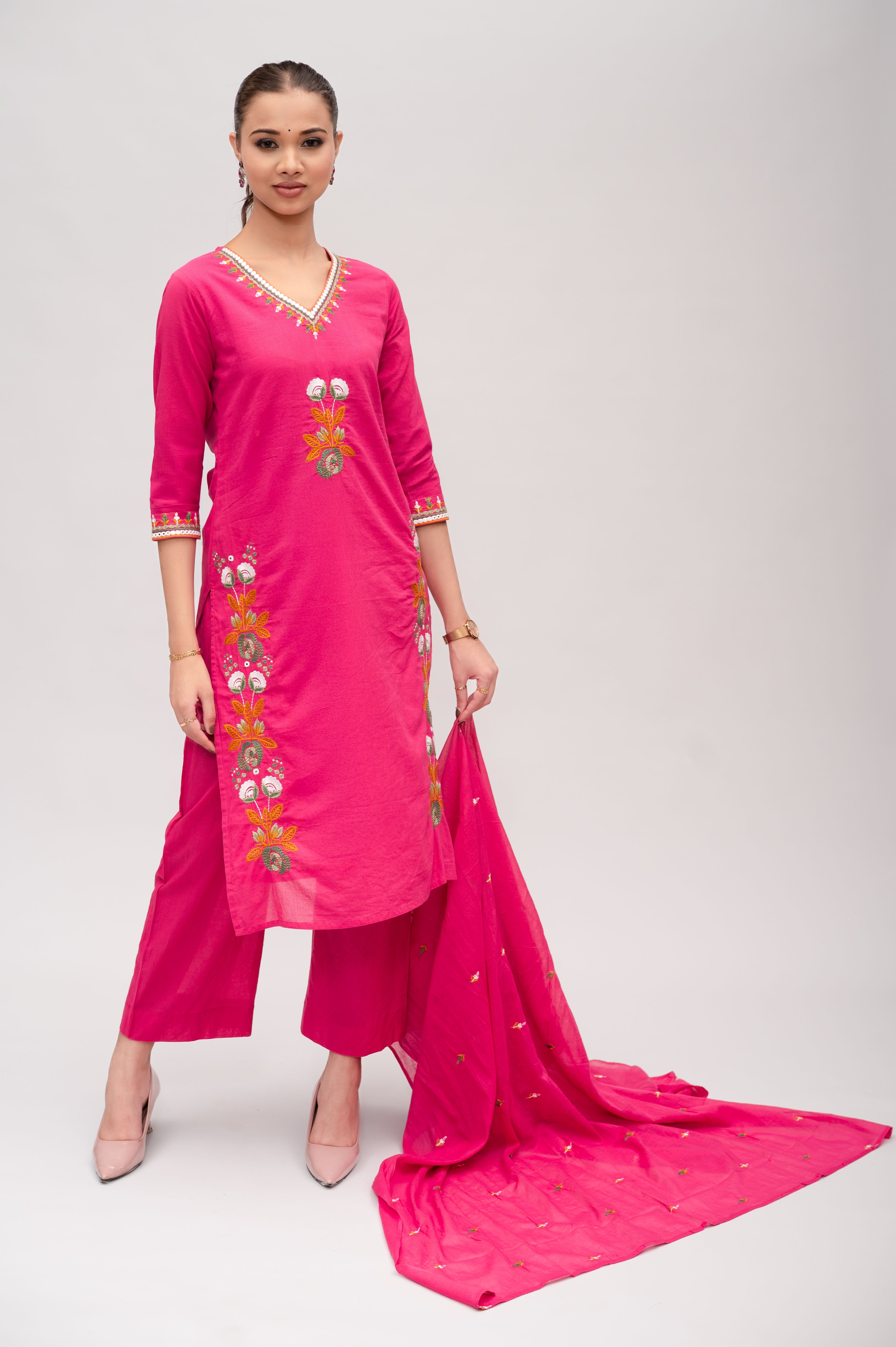 Teal blue Mal Cotton Straight Suit with Pant & Dupatta With Thread Embroidery and Mirror Work