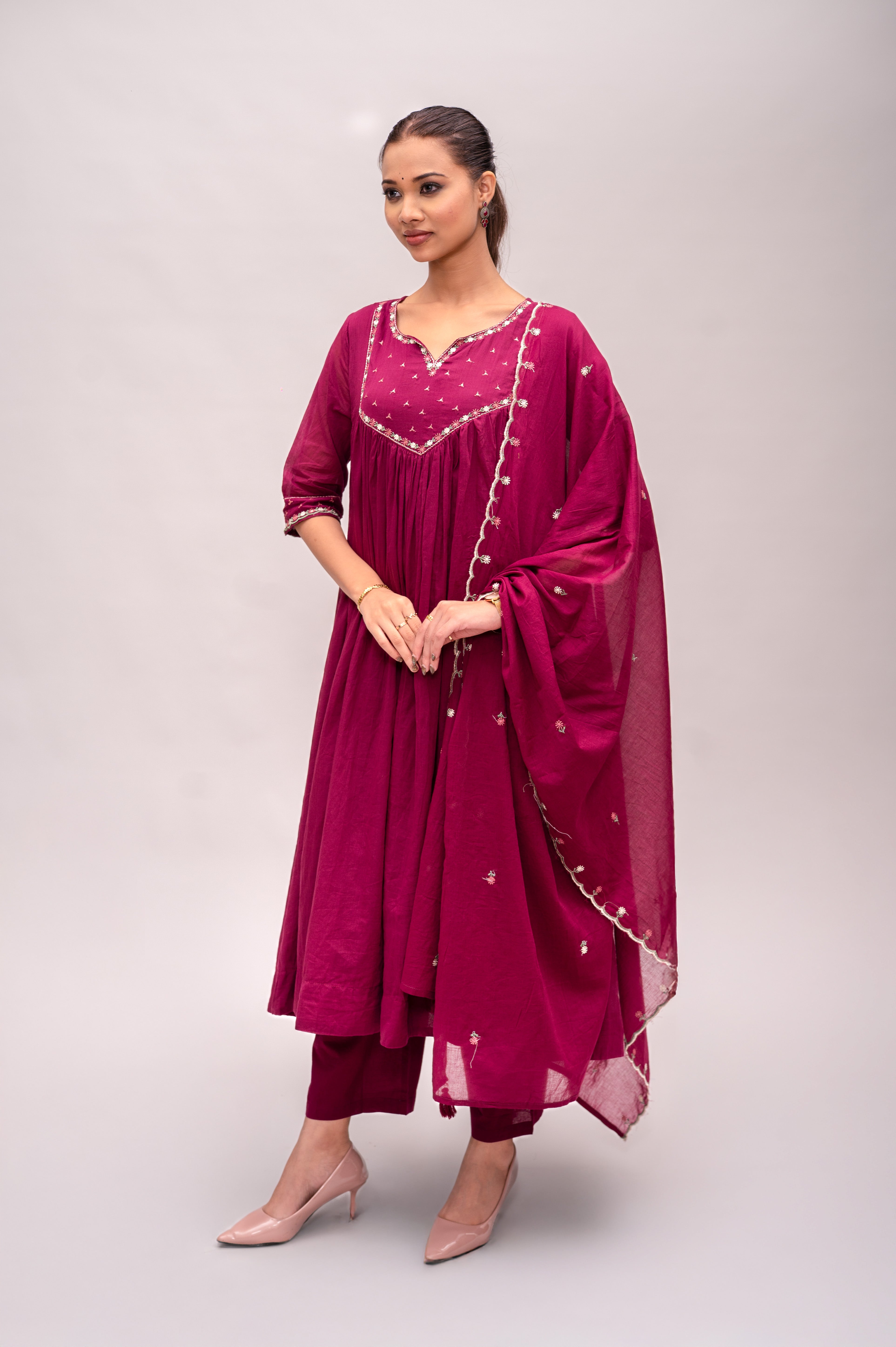 Off White Frock Suit with Pant & Dupatta WithThread Embroidery