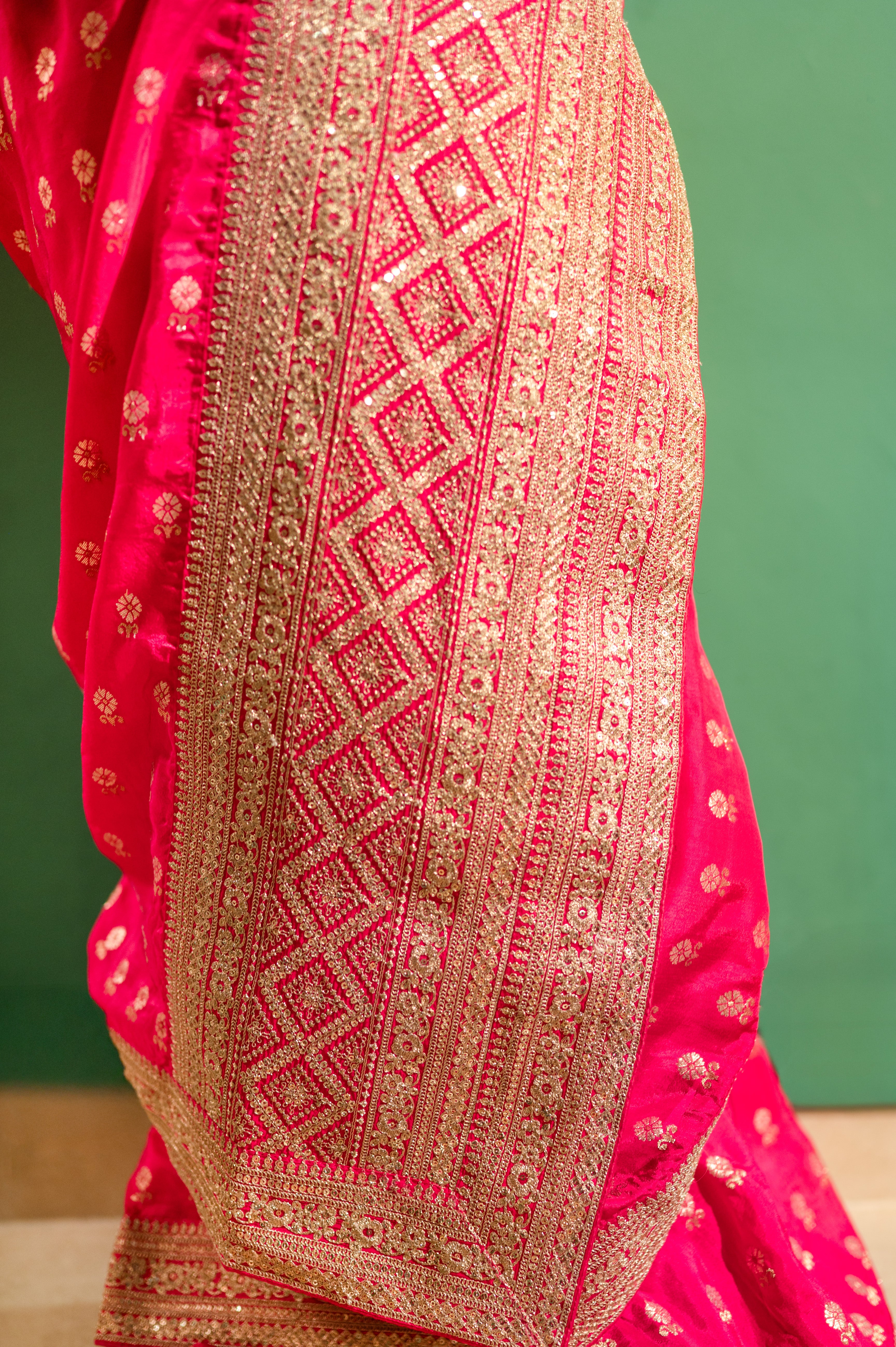 Red Silk Saree with Golden Buti Work and Rich Zari Border