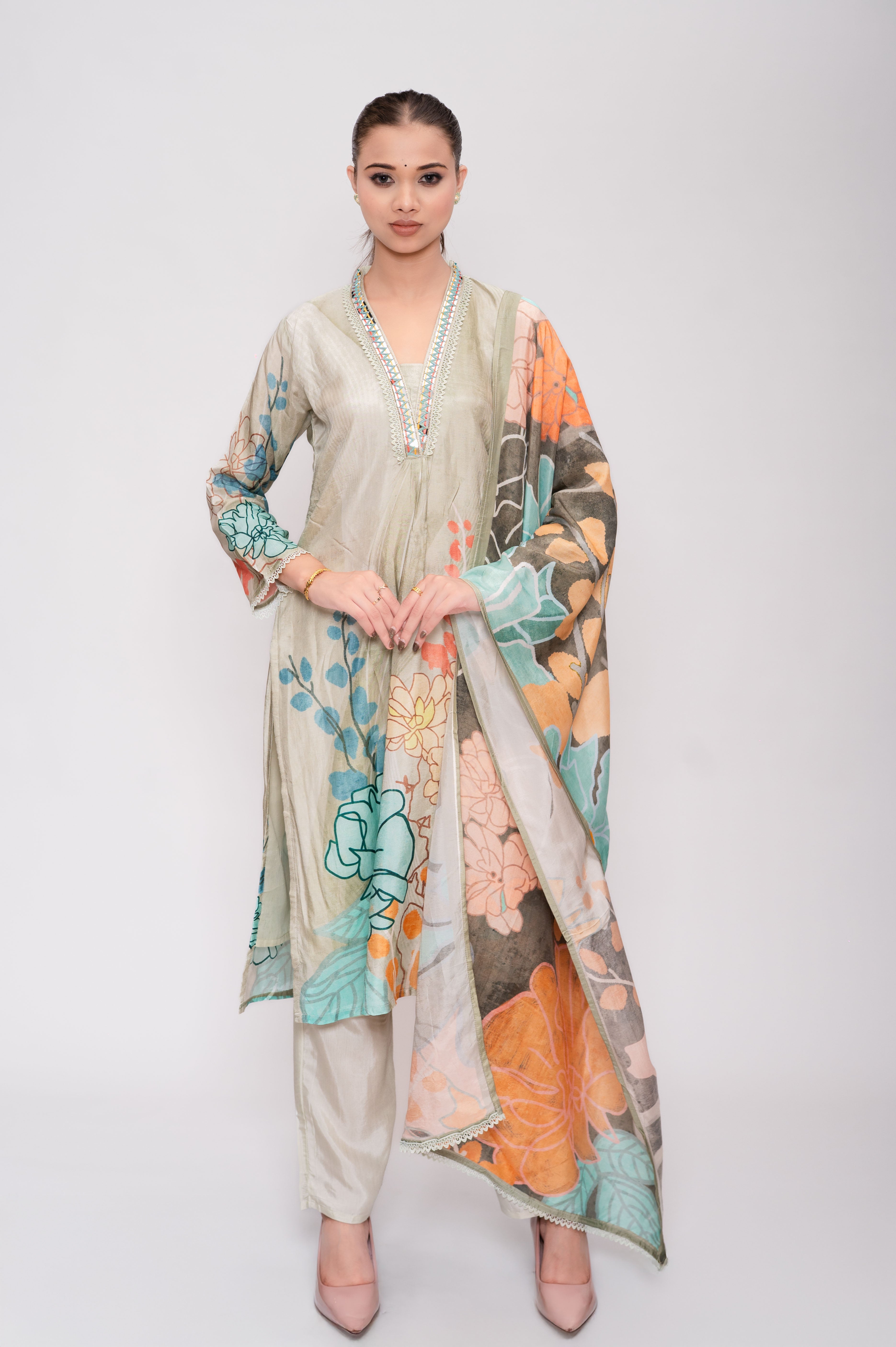 Pastel Pink Silk Suit with Pant and Dupatta – Lace and Mirror Embroidery