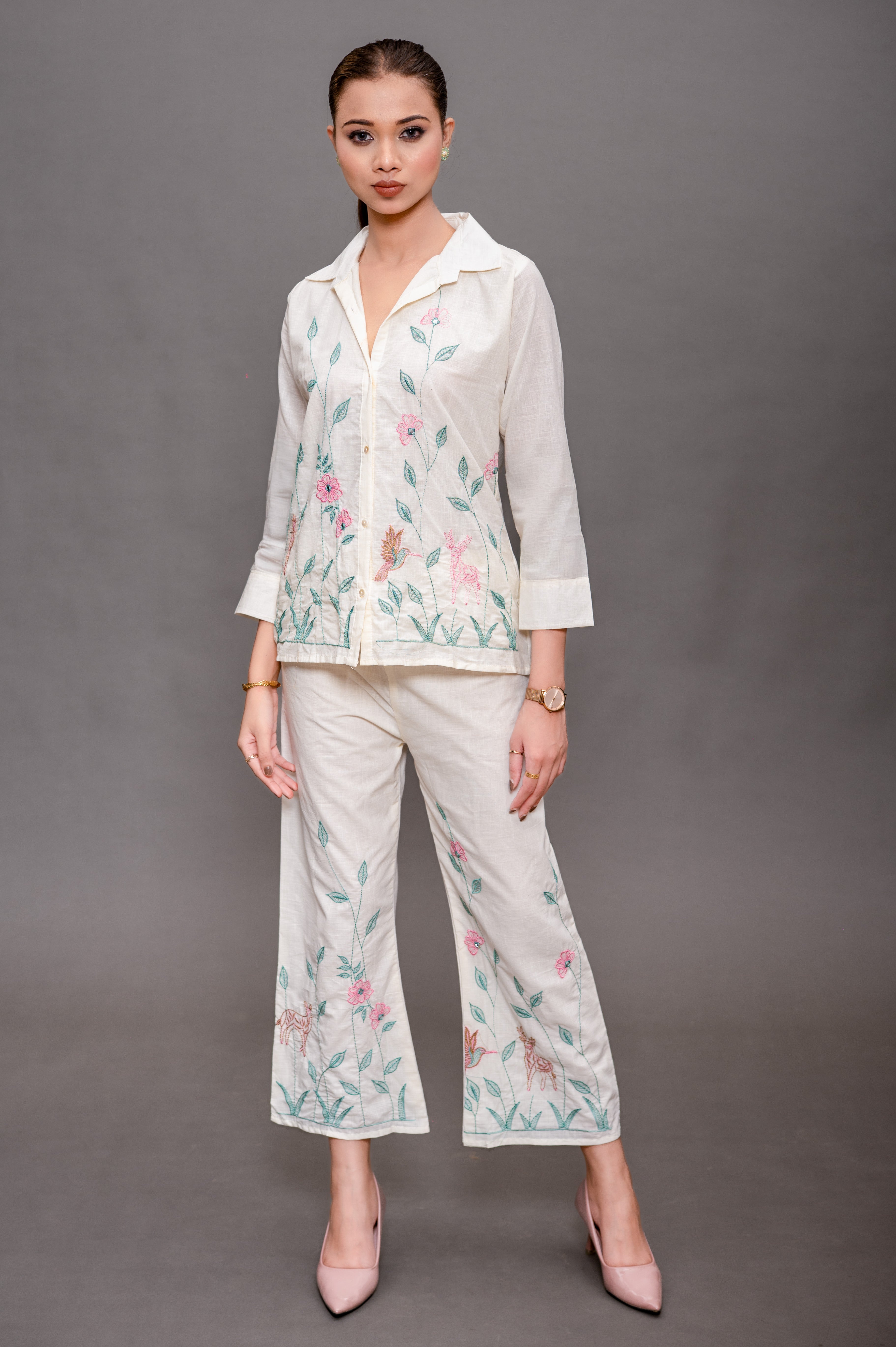 Cream White Cord Set with Green and Pink Color Embroidery