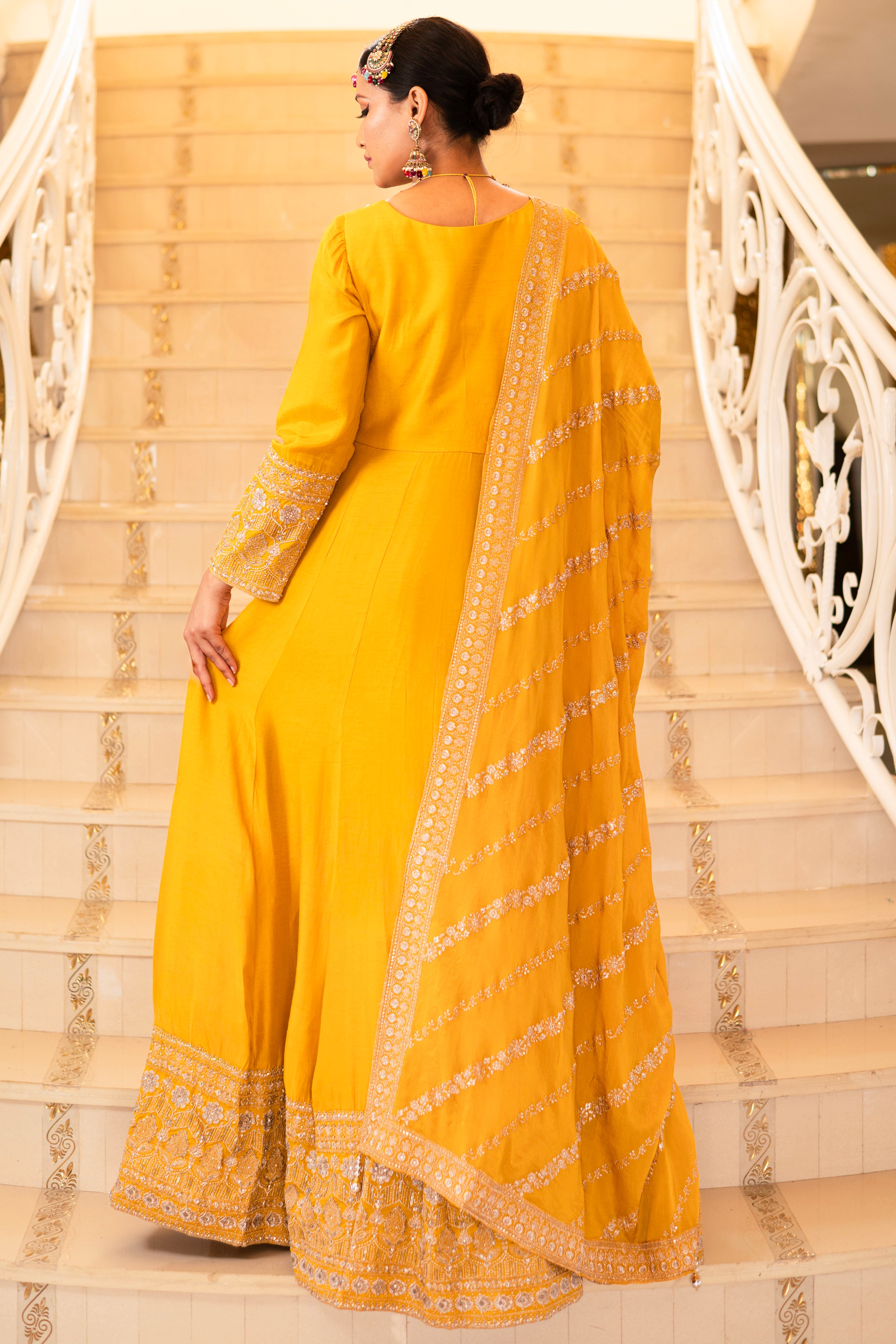 Yellow Viscose Silk Zari Embriodered Floor Length Anarkali Set