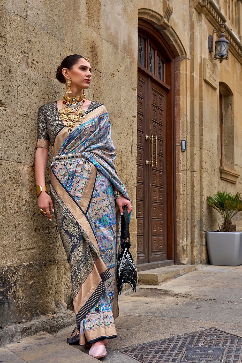 Pastel Blue Raw Silk Saree with Floral Motifs - Mayrake.in