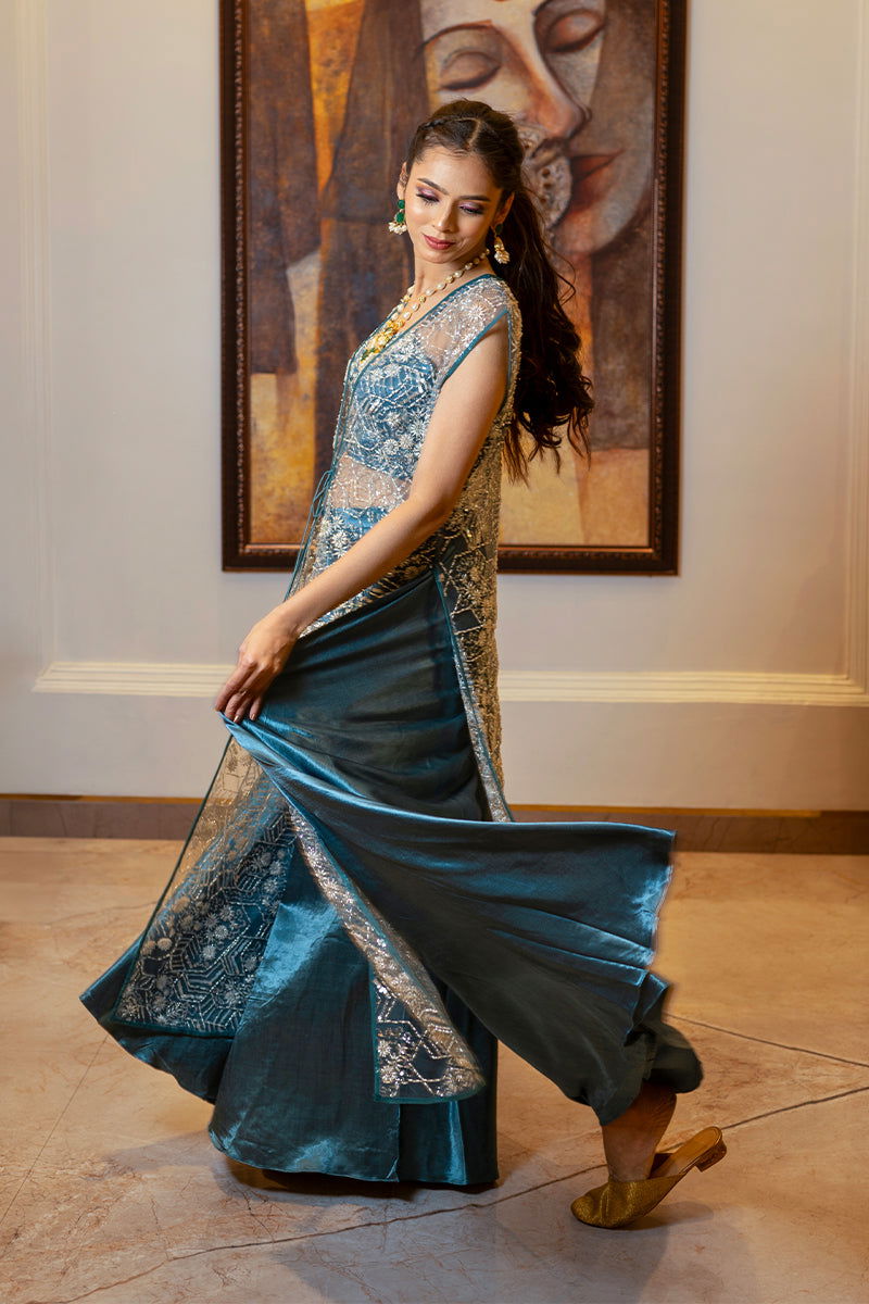 Pastel Gray Embroidered Crepe Chiffon Tank Top with Wide Pants and Long Jacket and Ready-to-Wear Saree - Mayrake.in