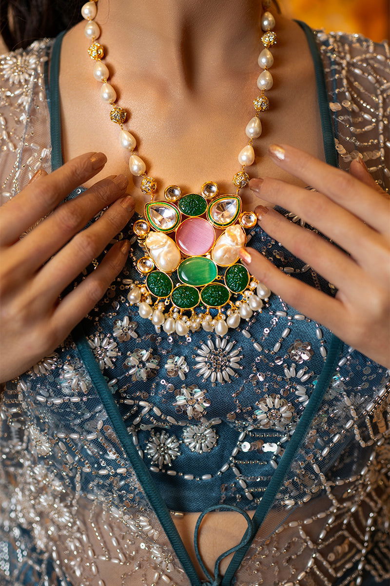 Pastel Gray Embroidered Crepe Chiffon Tank Top with Wide Pants and Long Jacket and Ready-to-Wear Saree - Mayrake.in