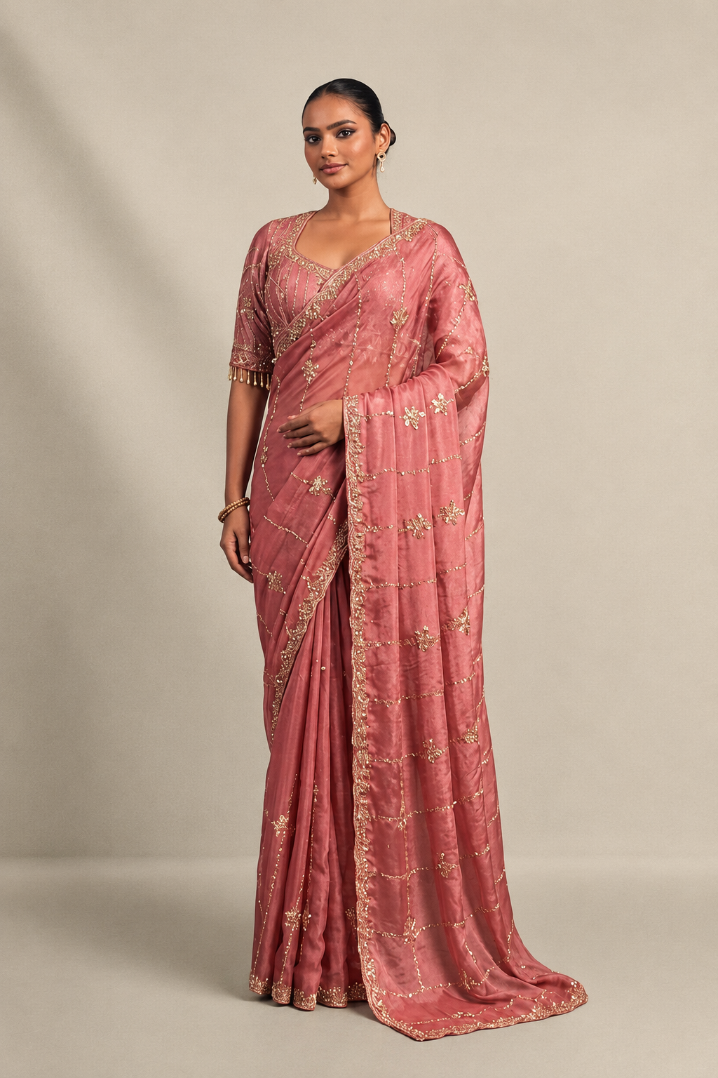 Rose Pink Tissue Silk Saree with Hand Embroidery with Stitched Blouse
