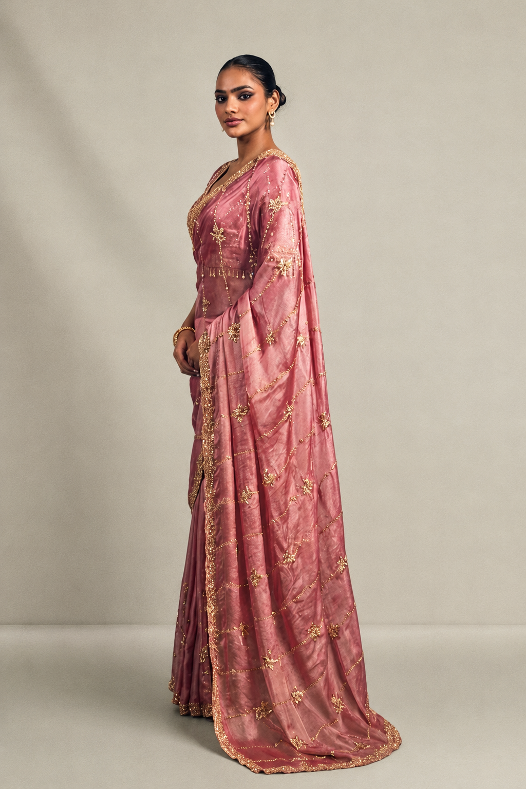 Rose Pink Tissue Silk Saree with Hand Embroidery with Stitched Blouse