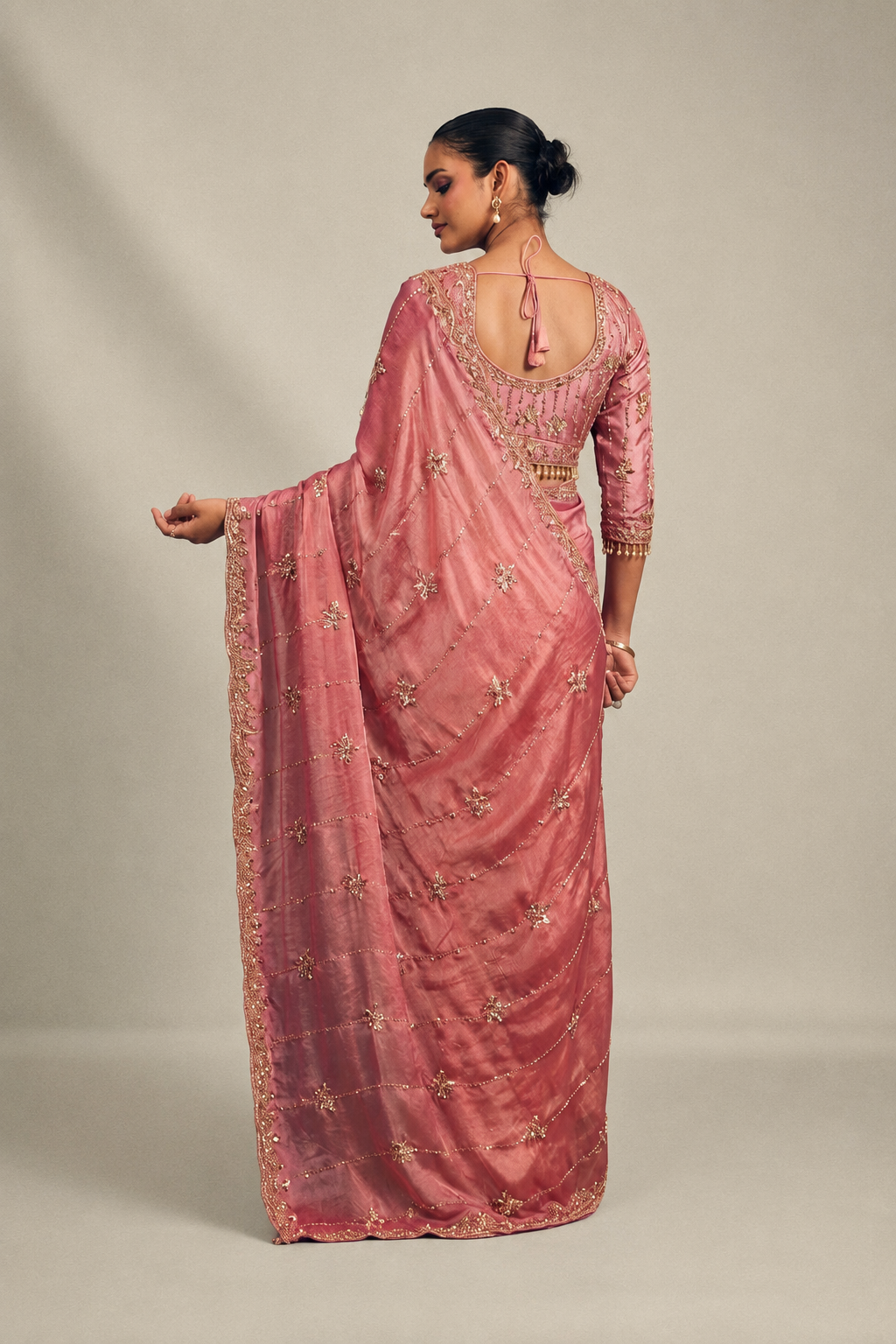 Rose Pink Tissue Silk Saree with Hand Embroidery with Stitched Blouse