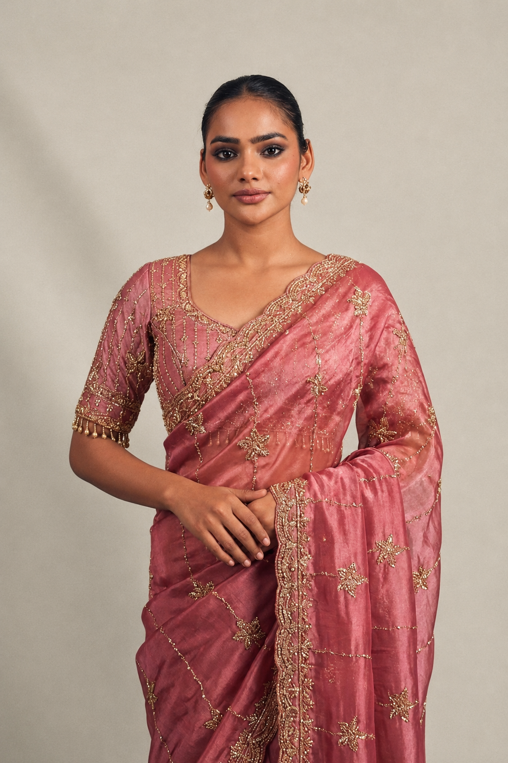 Rose Pink Tissue Silk Saree with Hand Embroidery with Stitched Blouse
