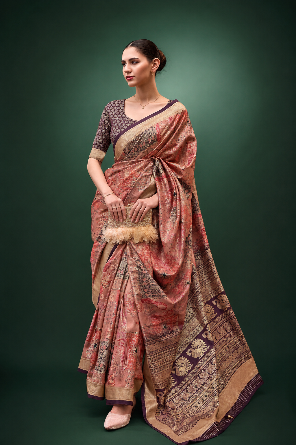 Peach Orange Raw Silk Saree with Floral Motifs