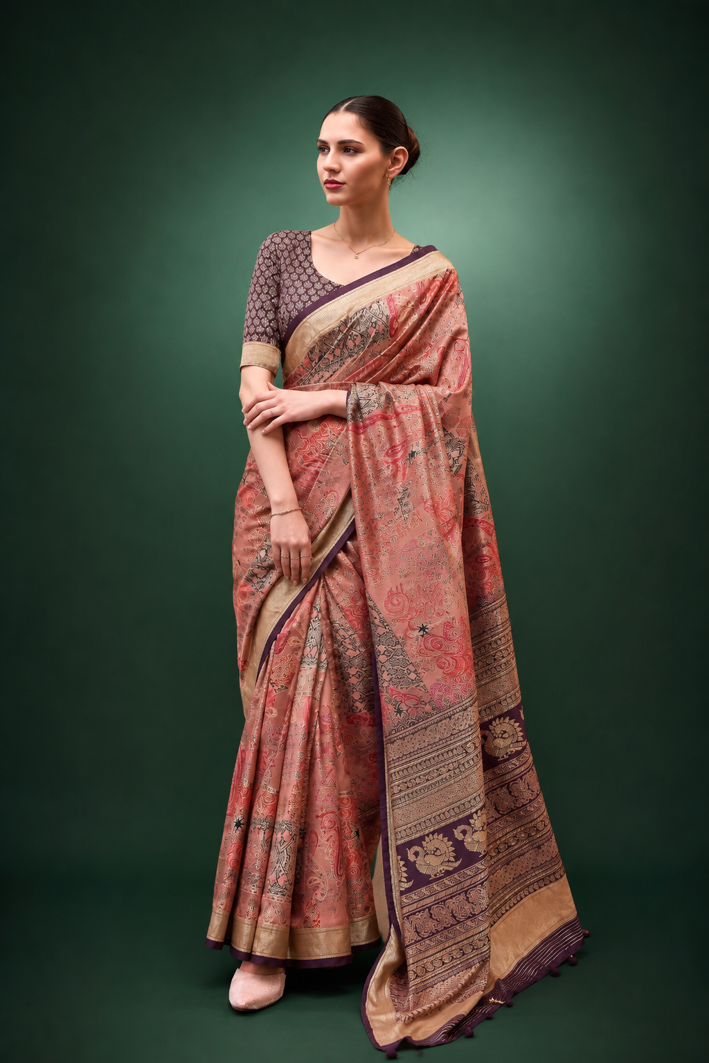 Peach Orange Raw Silk Saree with Floral Motifs