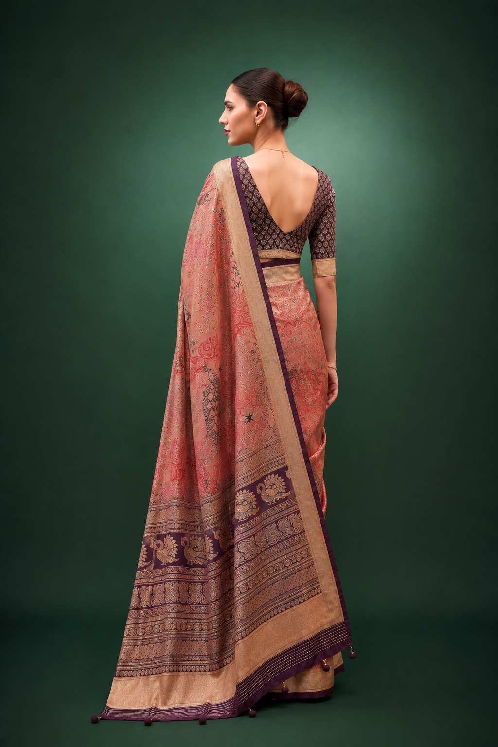 Peach Orange Raw Silk Saree with Floral Motifs