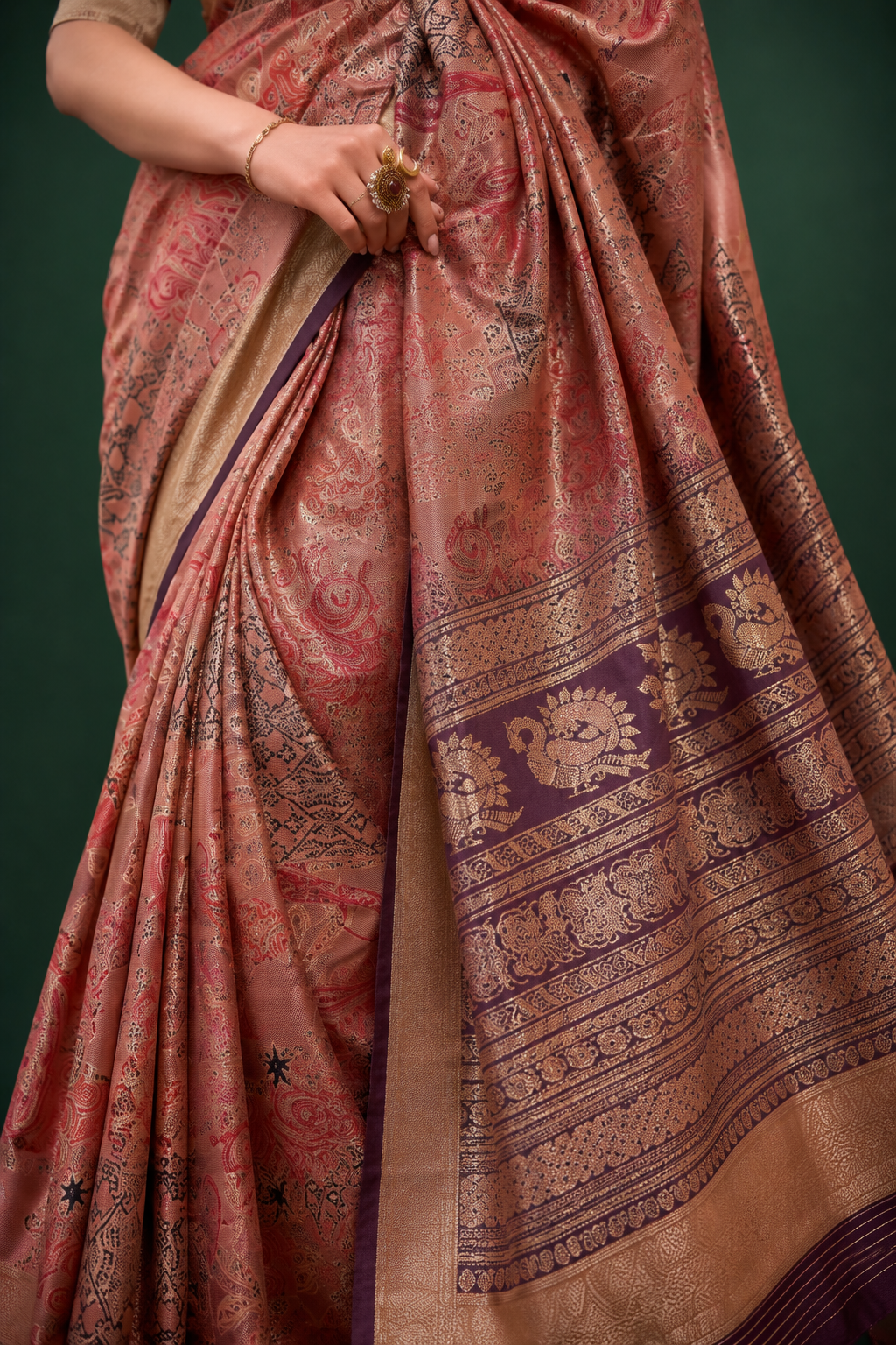 Peach Orange Raw Silk Saree with Floral Motifs