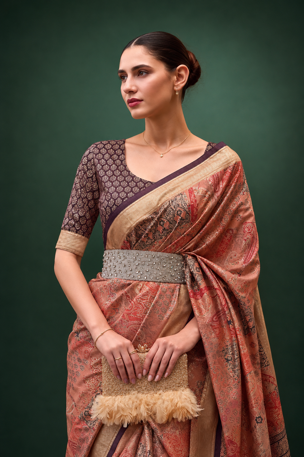 Peach Orange Raw Silk Saree with Floral Motifs
