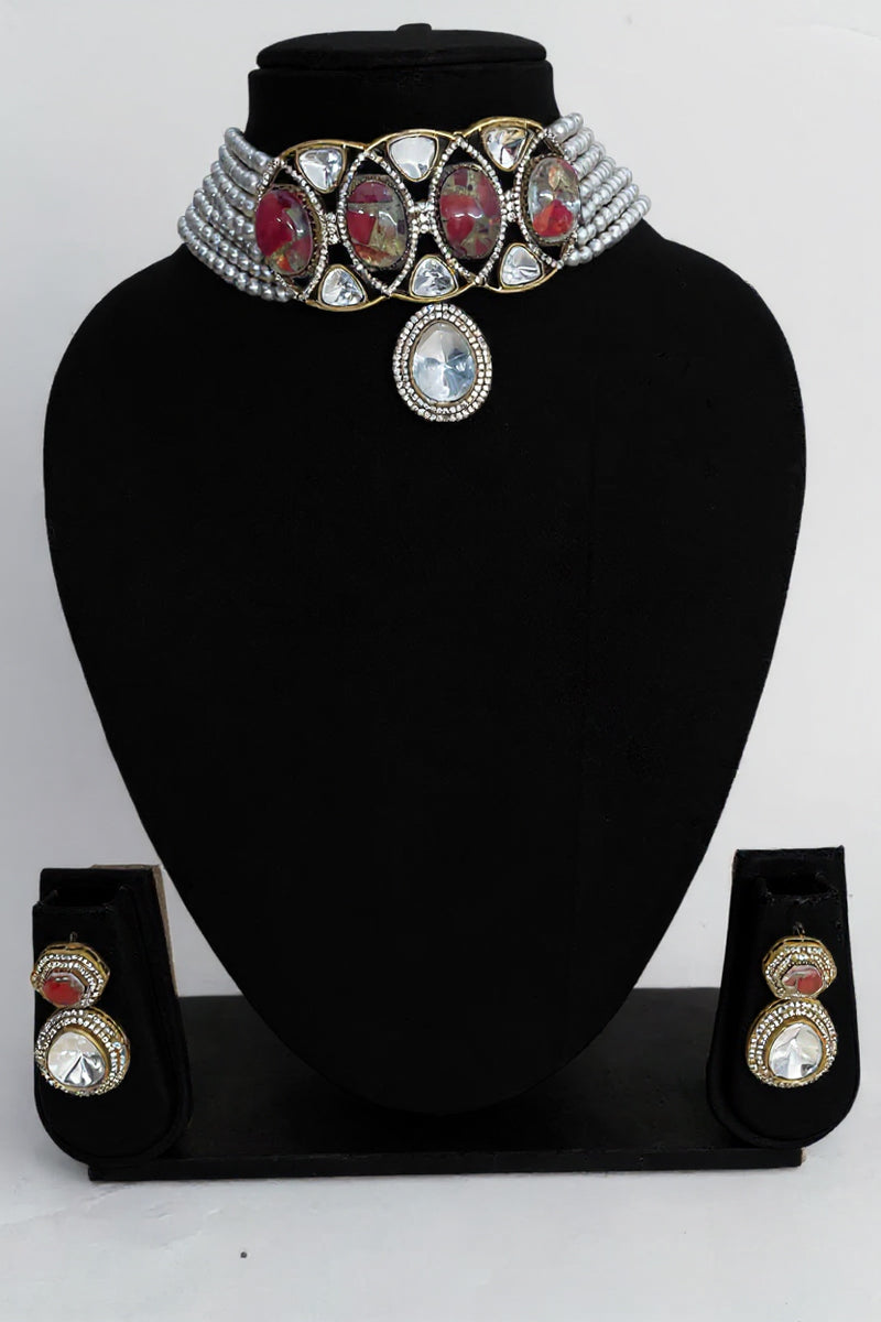 Pearl Multi-Strand Kundan Necklace Set with Red & White Teardrop Stones and Matching Earrings