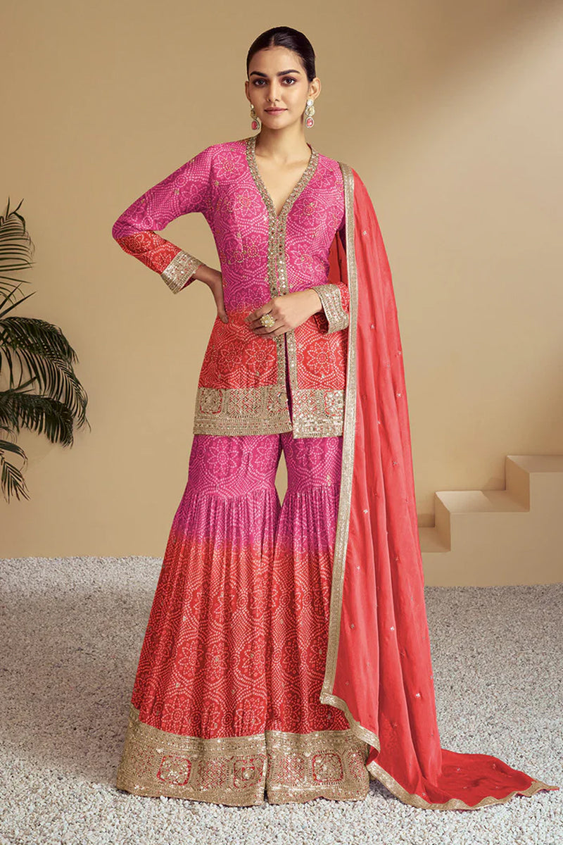 Pink-Orange Bandhani Print Sharara Silk Suit with Zari Work and Matching Dupatta