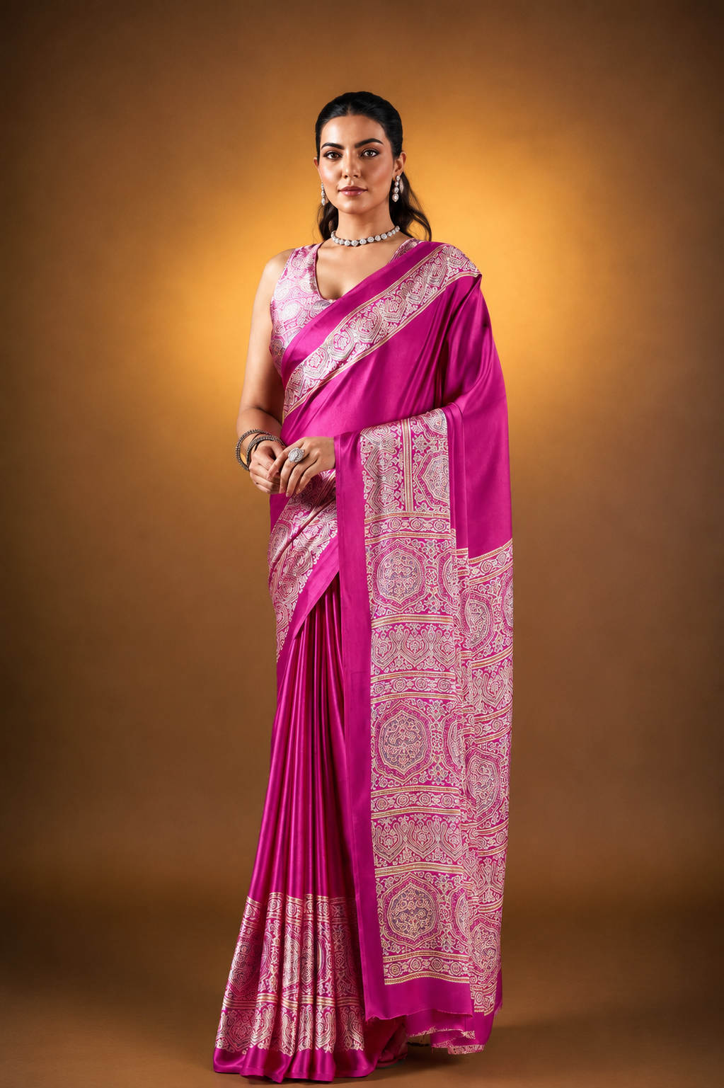Fushcia Pink Satin Modal Silk Saree with Ajrakh Print