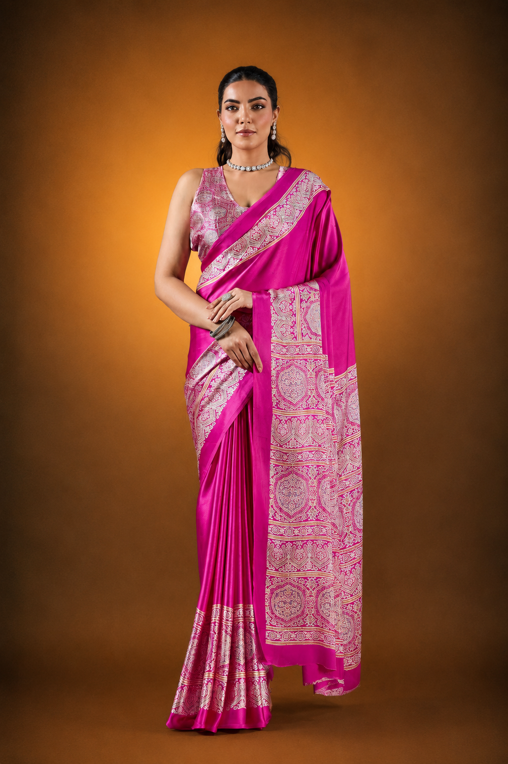 Fushcia Pink Satin Modal Silk Saree with Ajrakh Print