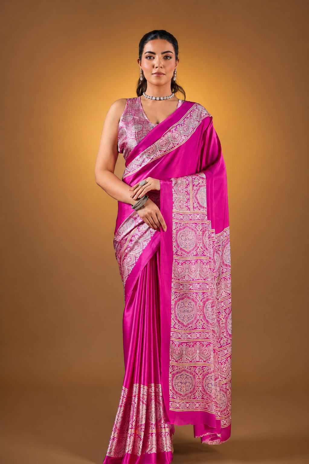 Fushcia Pink Satin Modal Silk Saree with Ajrakh Print