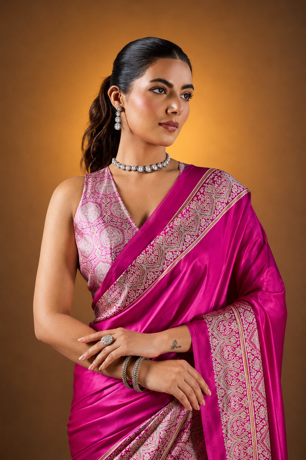 Fushcia Pink Satin Modal Silk Saree with Ajrakh Print