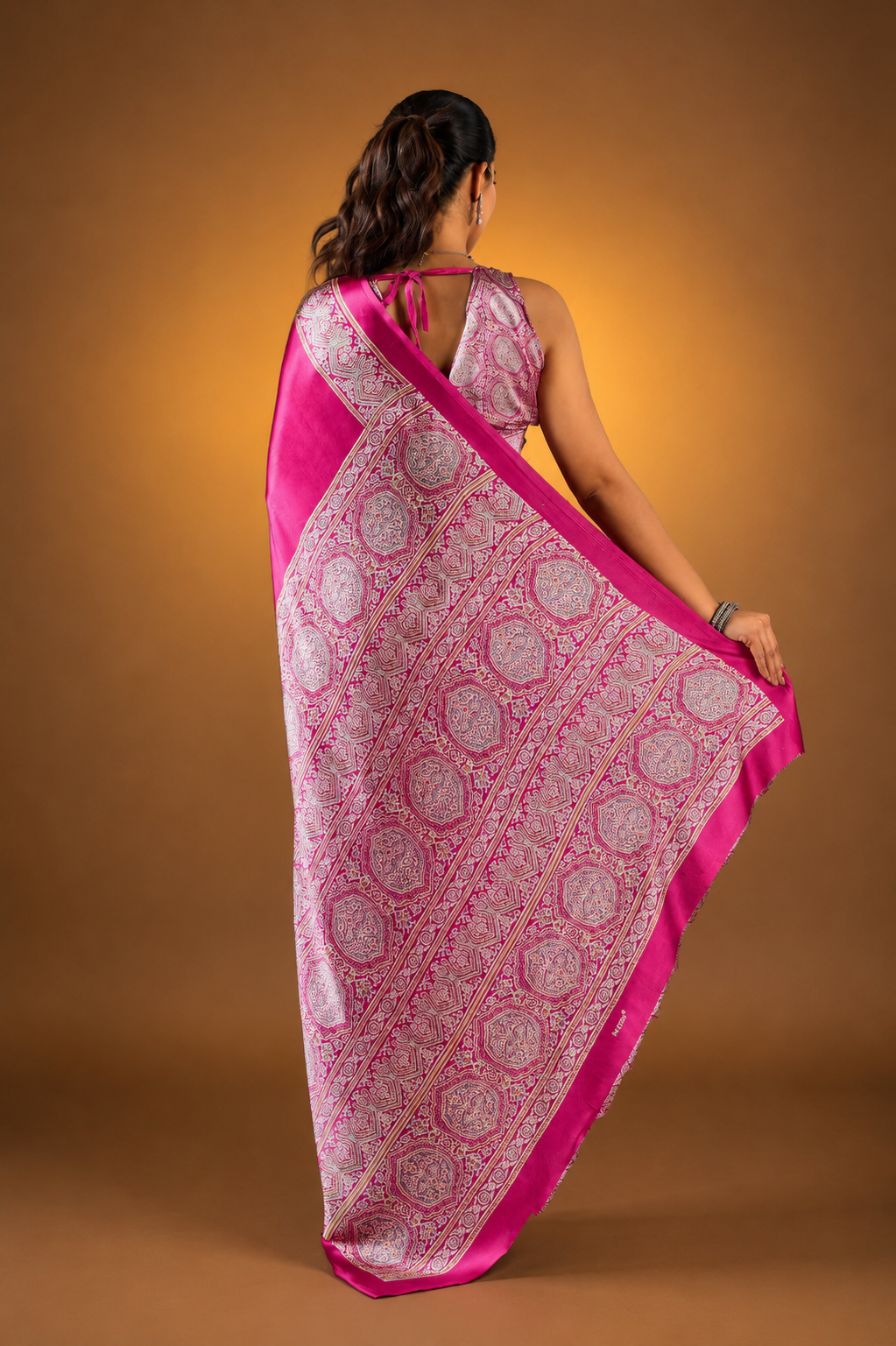 Fushcia Pink Satin Modal Silk Saree with Ajrakh Print