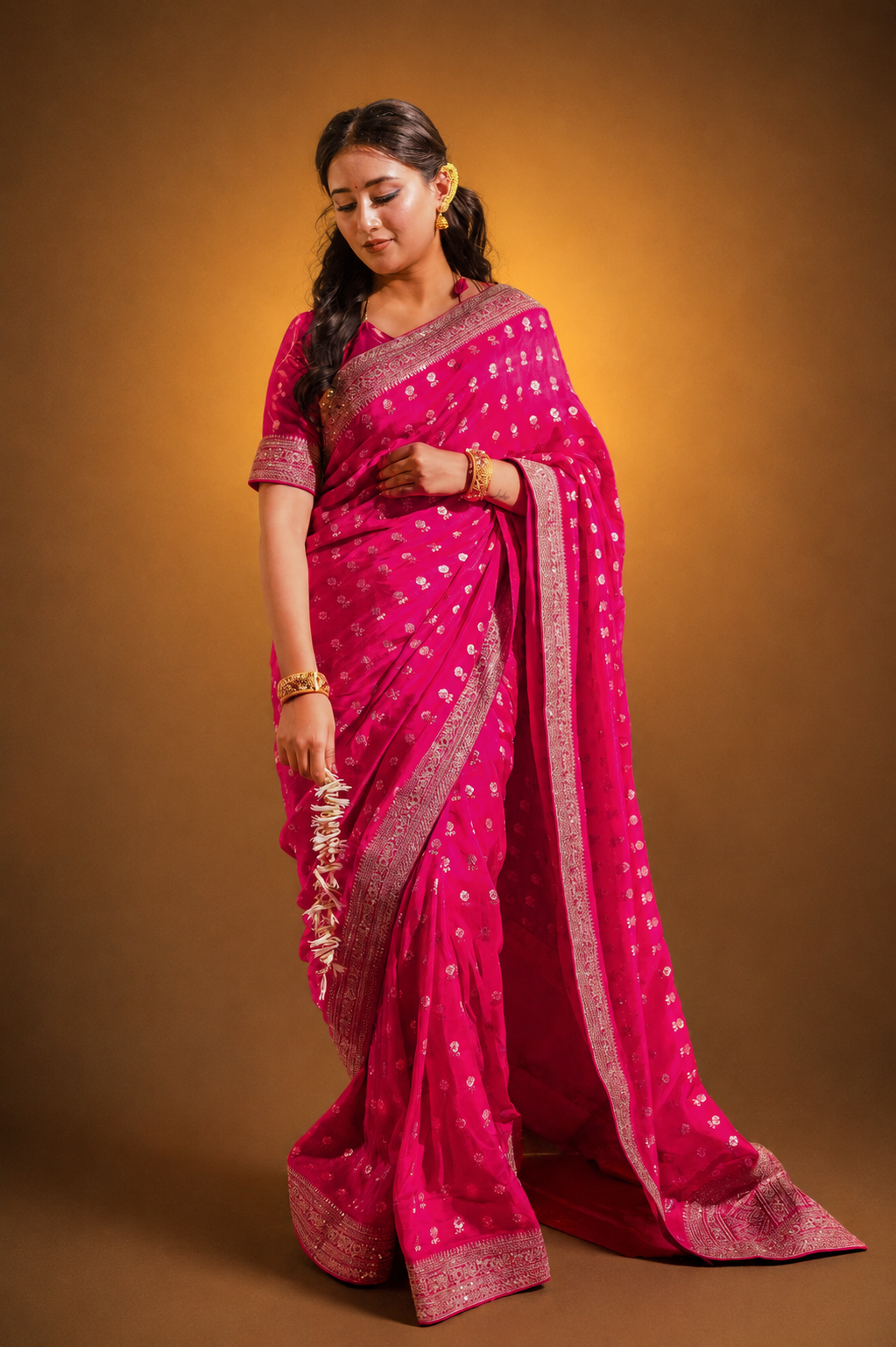 Fushcia Rani Pink Silk Saree with Golden Buti Work and Rich Zari Border