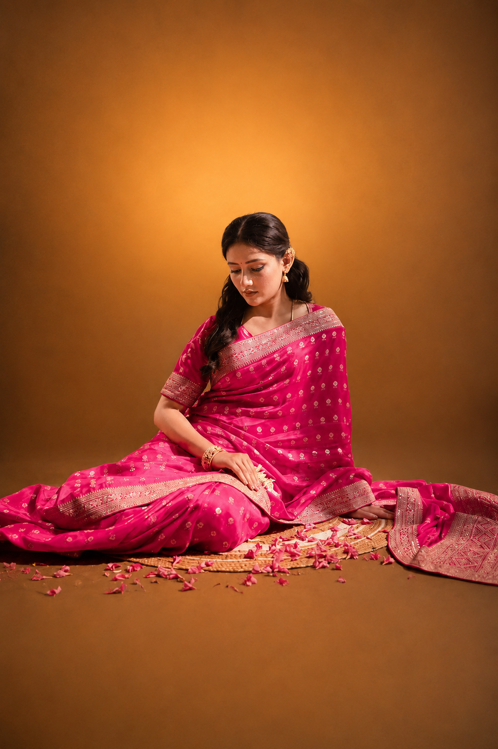 Fushcia Rani Pink Silk Saree with Golden Buti Work and Rich Zari Border