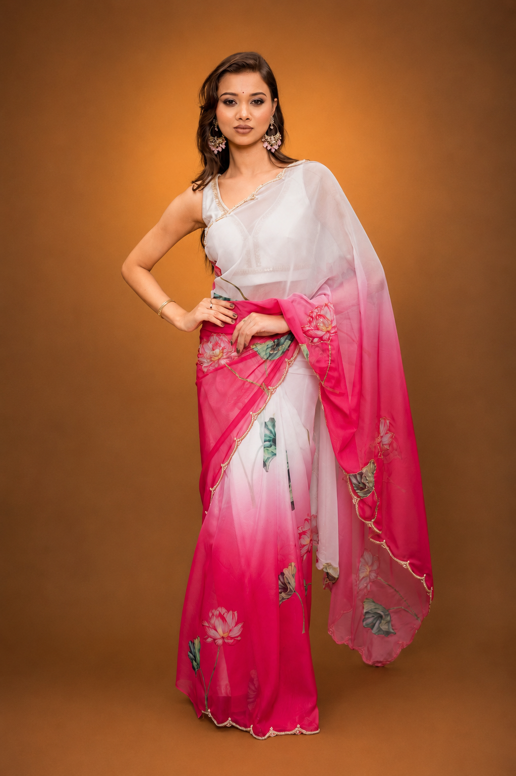 Fuchsia Pink Tebi Twin Silk Saree with Floral Digital Print & Moti Handwork Border