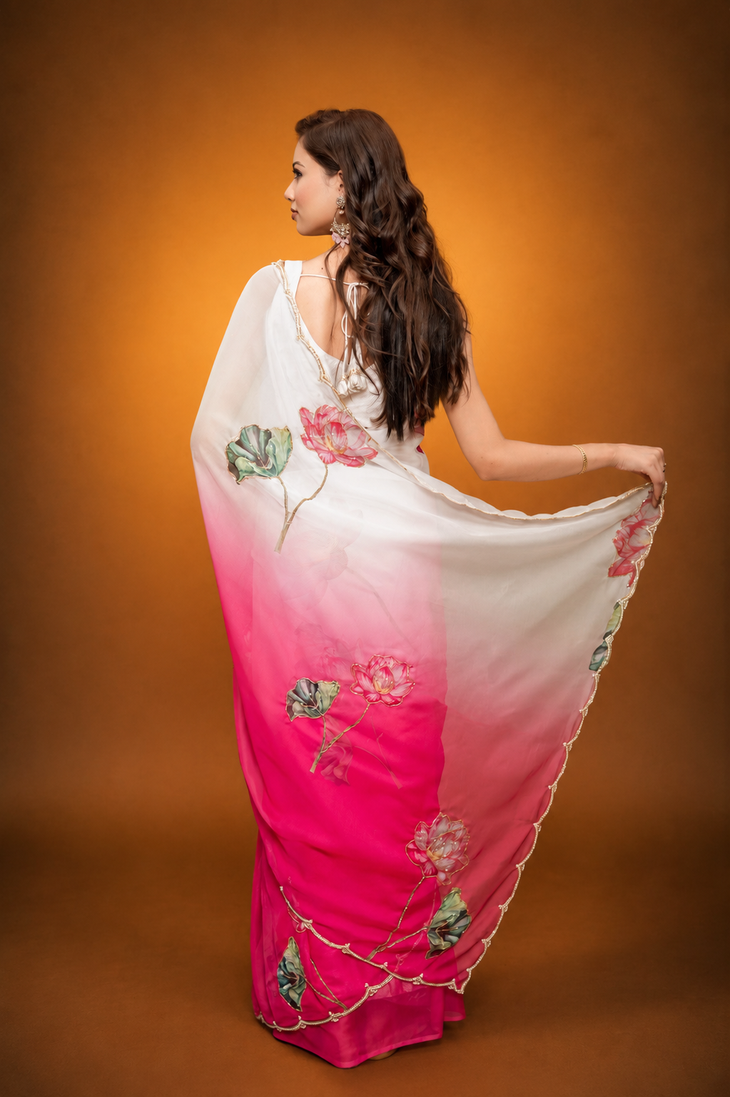 Fuchsia Pink Tebi Twin Silk Saree with Floral Digital Print & Moti Handwork Border