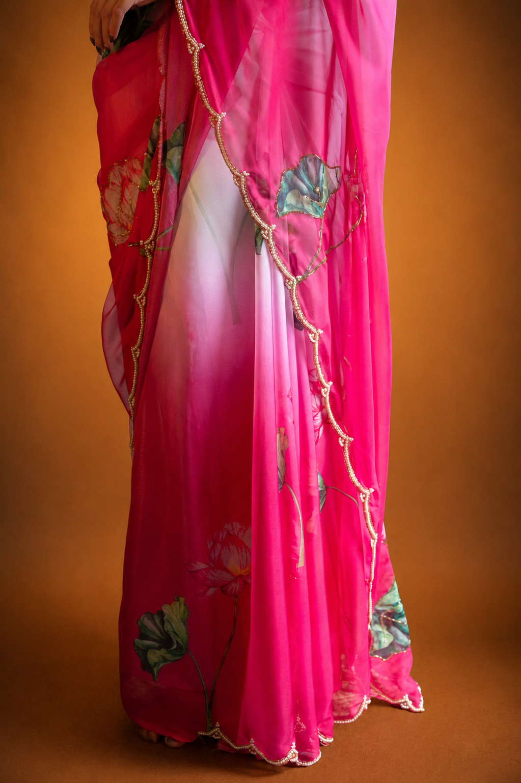 Fuchsia Pink Tebi Twin Silk Saree with Floral Digital Print & Moti Handwork Border