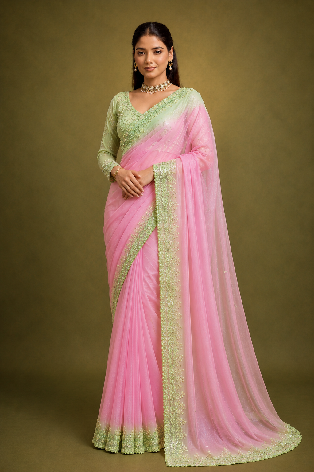 Blush Pink Georgette Saree with Mint Green Embroidered Border