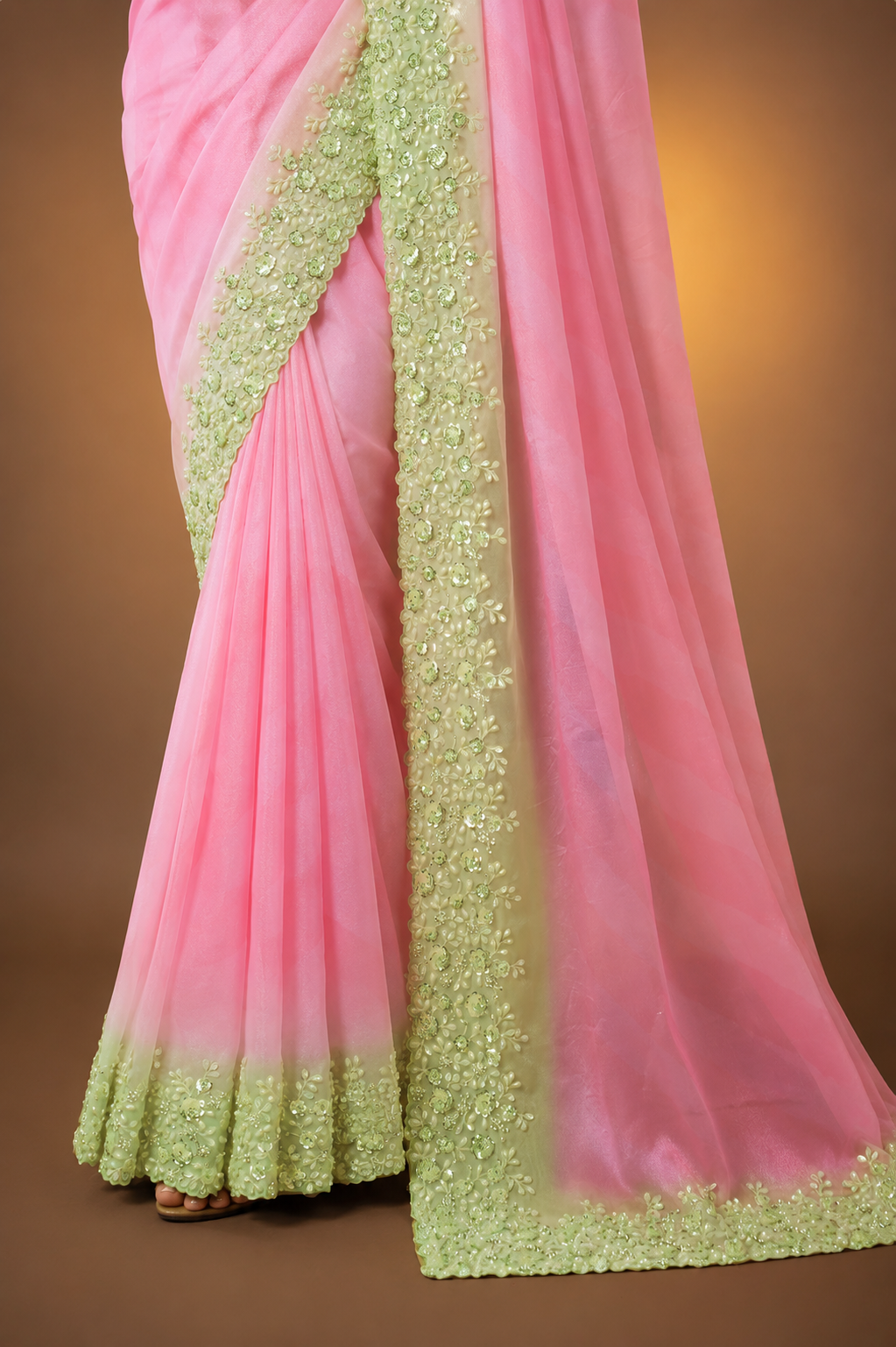 Blush Pink Georgette Saree with Mint Green Embroidered Border