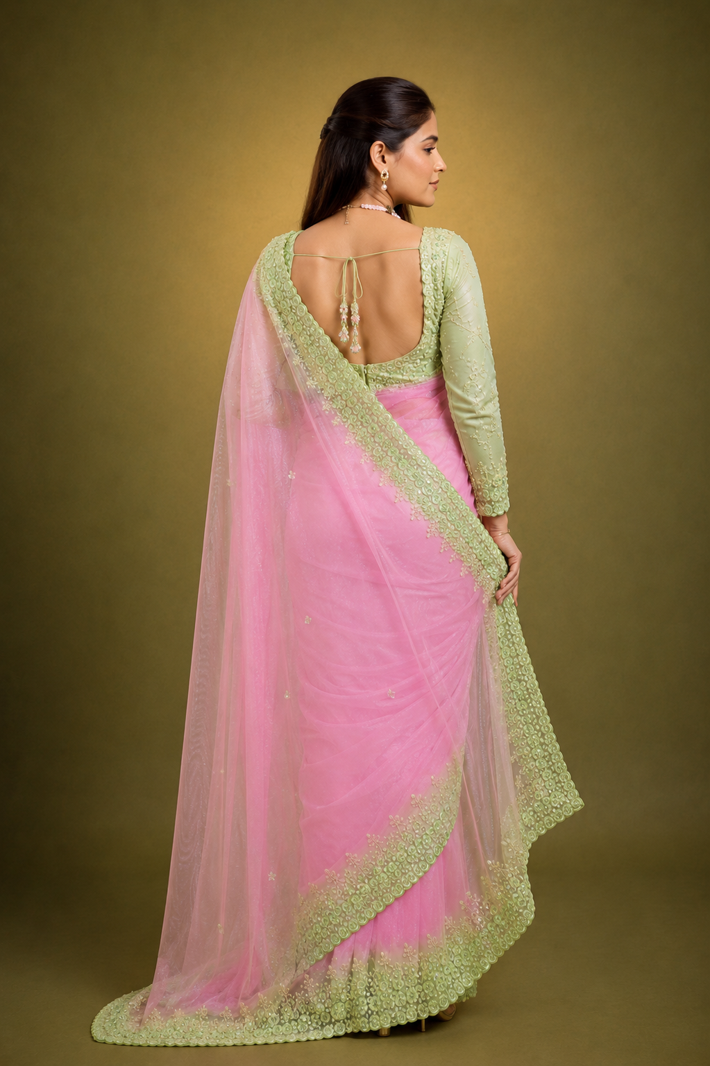 Blush Pink Georgette Saree with Mint Green Embroidered Border