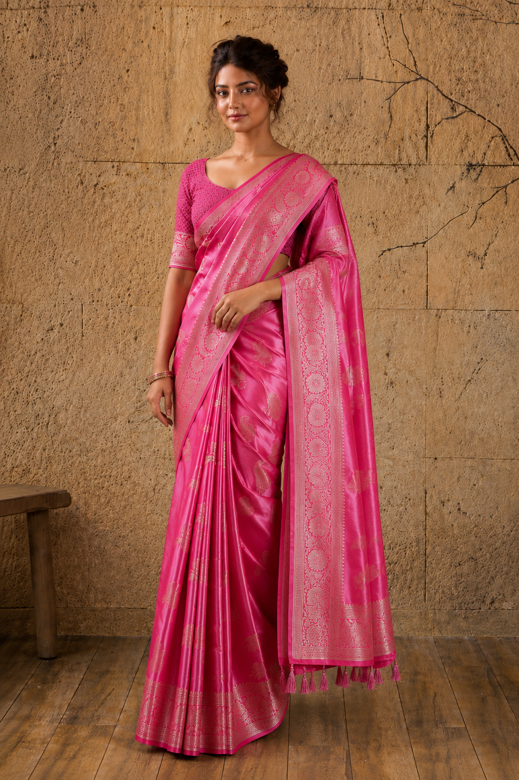 Rani Pink Banarasi Satin Silk Rich Pallu Saree with Silver Zari Weaving Detailing