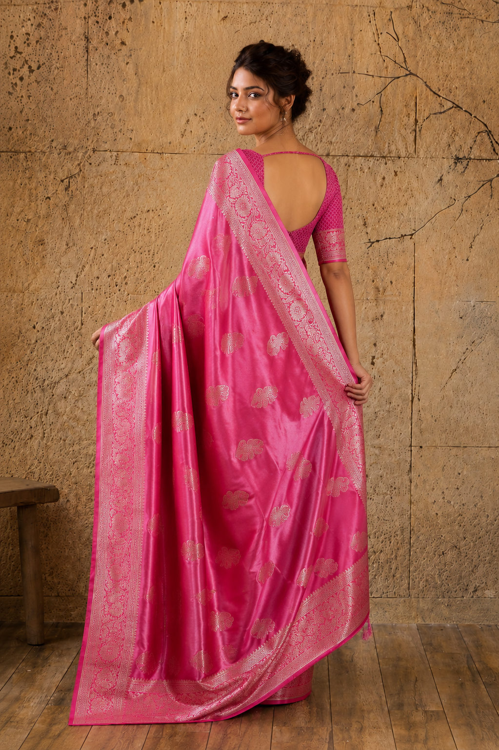 Rani Pink Banarasi Satin Silk Rich Pallu Saree with Silver Zari Weaving Detailing